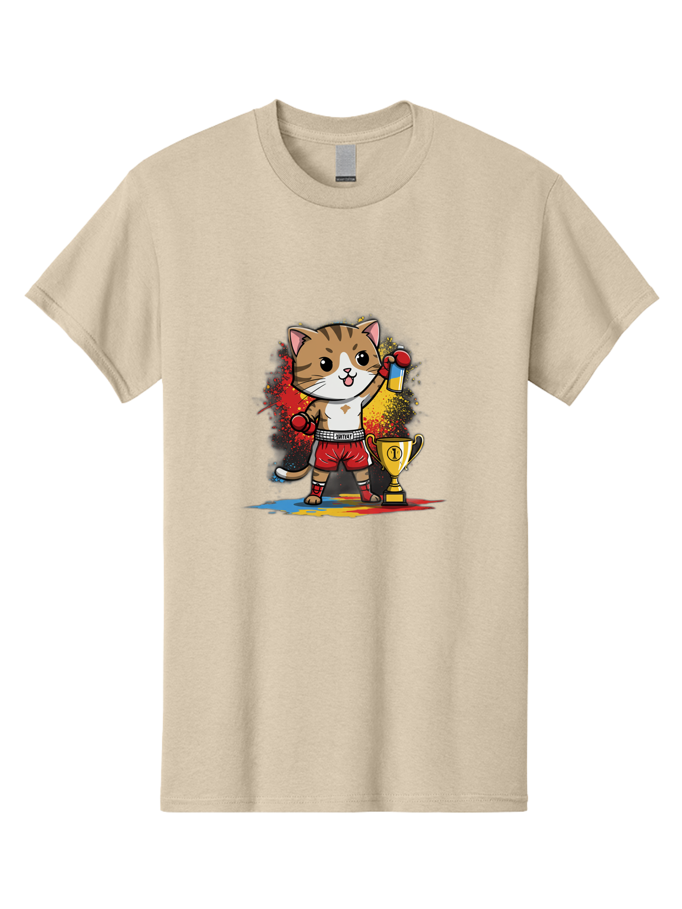 Cat-With-Trophy Men'S Graphic Tee, 100% Cotton, Comfortable Casual Summer Wear, Machine Washable, Cartoon Cat Boxer, Championship Trophy, Boxing Gloves, Champion Title, Victorious Pose, Confident Cat, Boxing Champion, Winner Cat Bae404 7