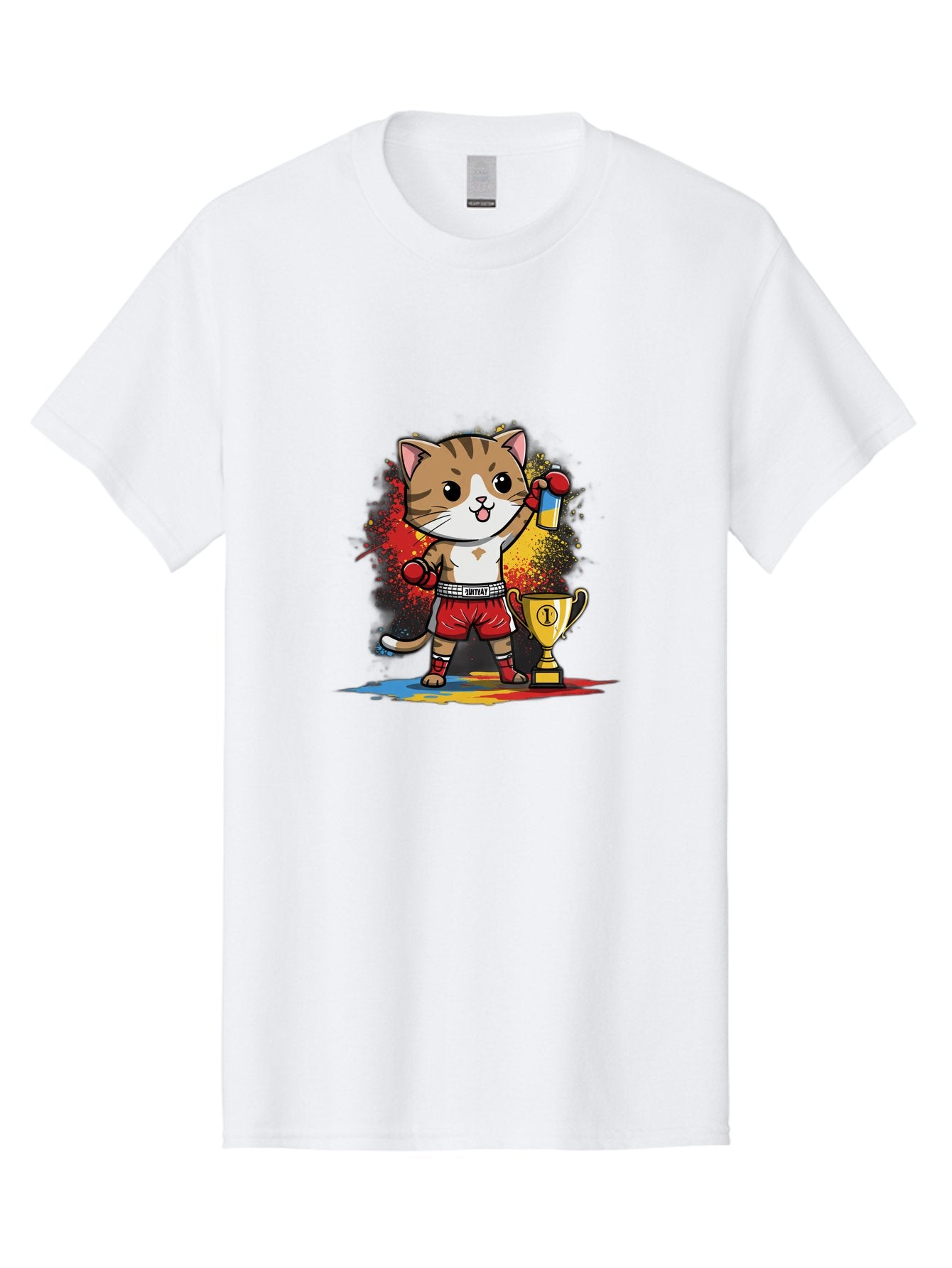 Cat-With-Trophy Men'S Graphic Tee, 100% Cotton, Comfortable Casual Summer Wear, Machine Washable, Cartoon Cat Boxer, Championship Trophy, Boxing Gloves, Champion Title, Victorious Pose, Confident Cat, Boxing Champion, Winner Cat Bae404 11