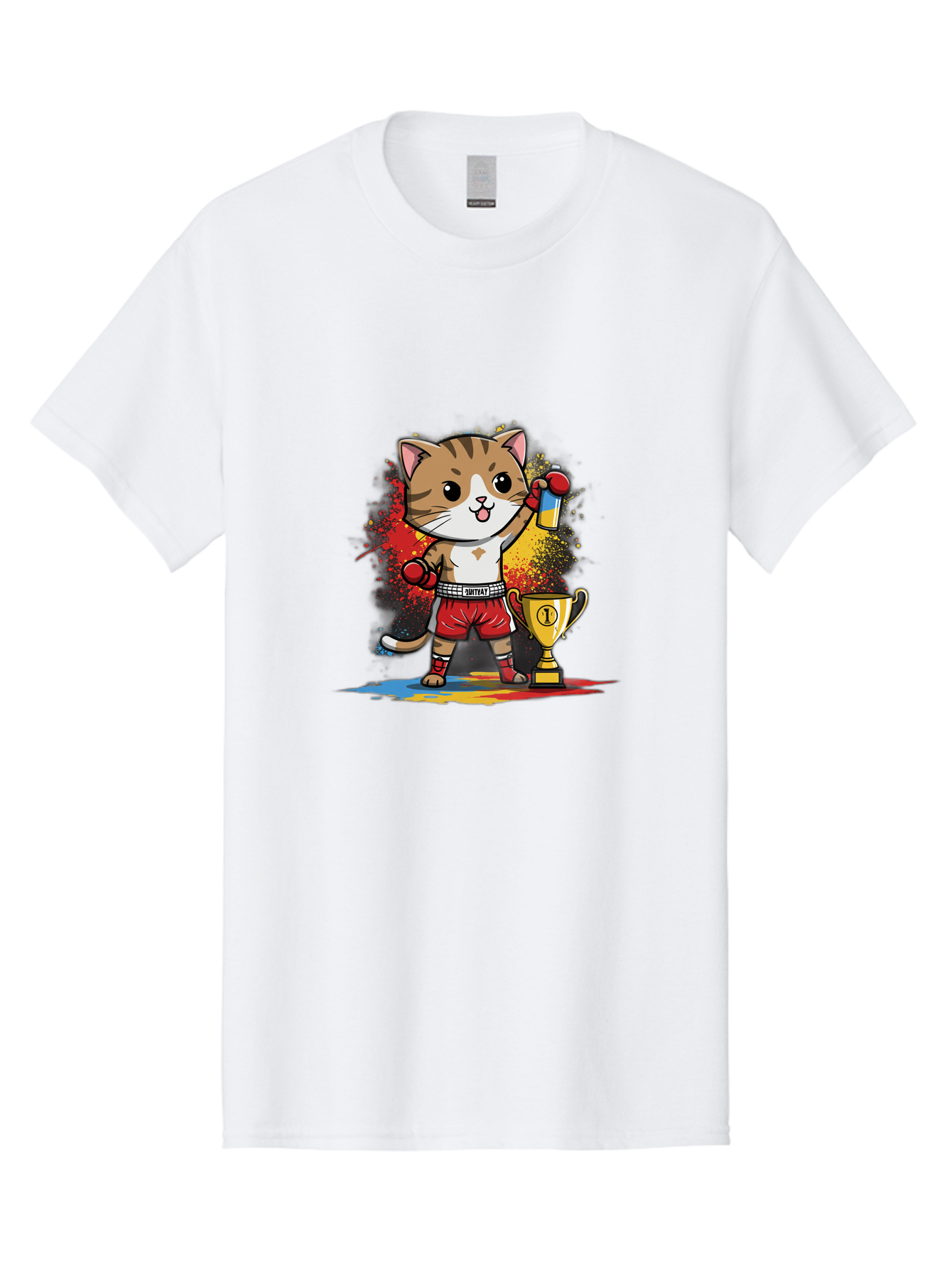 Cat-With-Trophy Men'S Graphic Tee, 100% Cotton, Comfortable Casual Summer Wear, Machine Washable, Cartoon Cat Boxer, Championship Trophy, Boxing Gloves, Champion Title, Victorious Pose, Confident Cat, Boxing Champion, Winner Cat Bae404 4