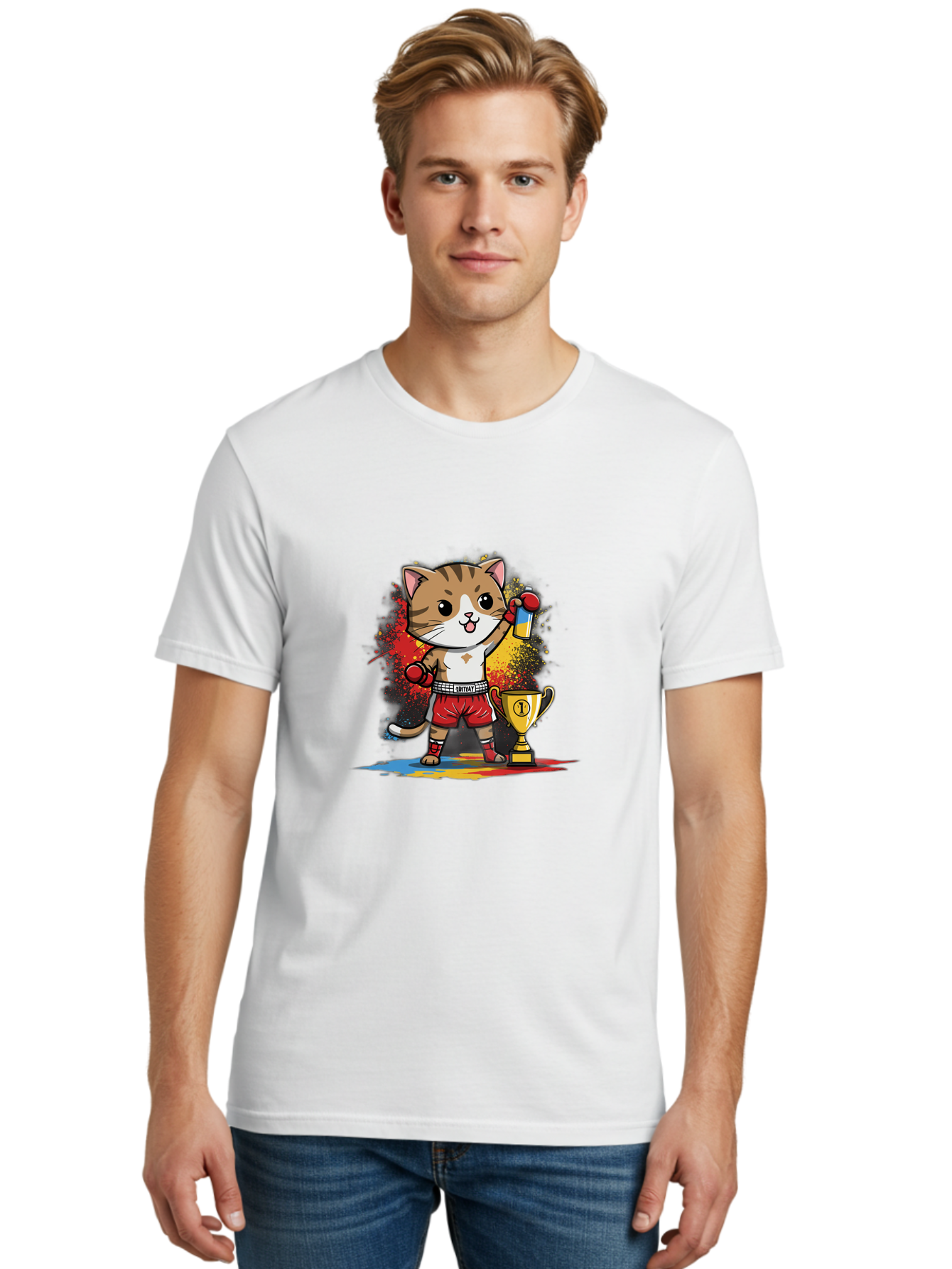Cat-With-Trophy Men'S Graphic Tee, 100% Cotton, Comfortable Casual Summer Wear, Machine Washable, Cartoon Cat Boxer, Championship Trophy, Boxing Gloves, Champion Title, Victorious Pose, Confident Cat, Boxing Champion, Winner Cat Bae404 19