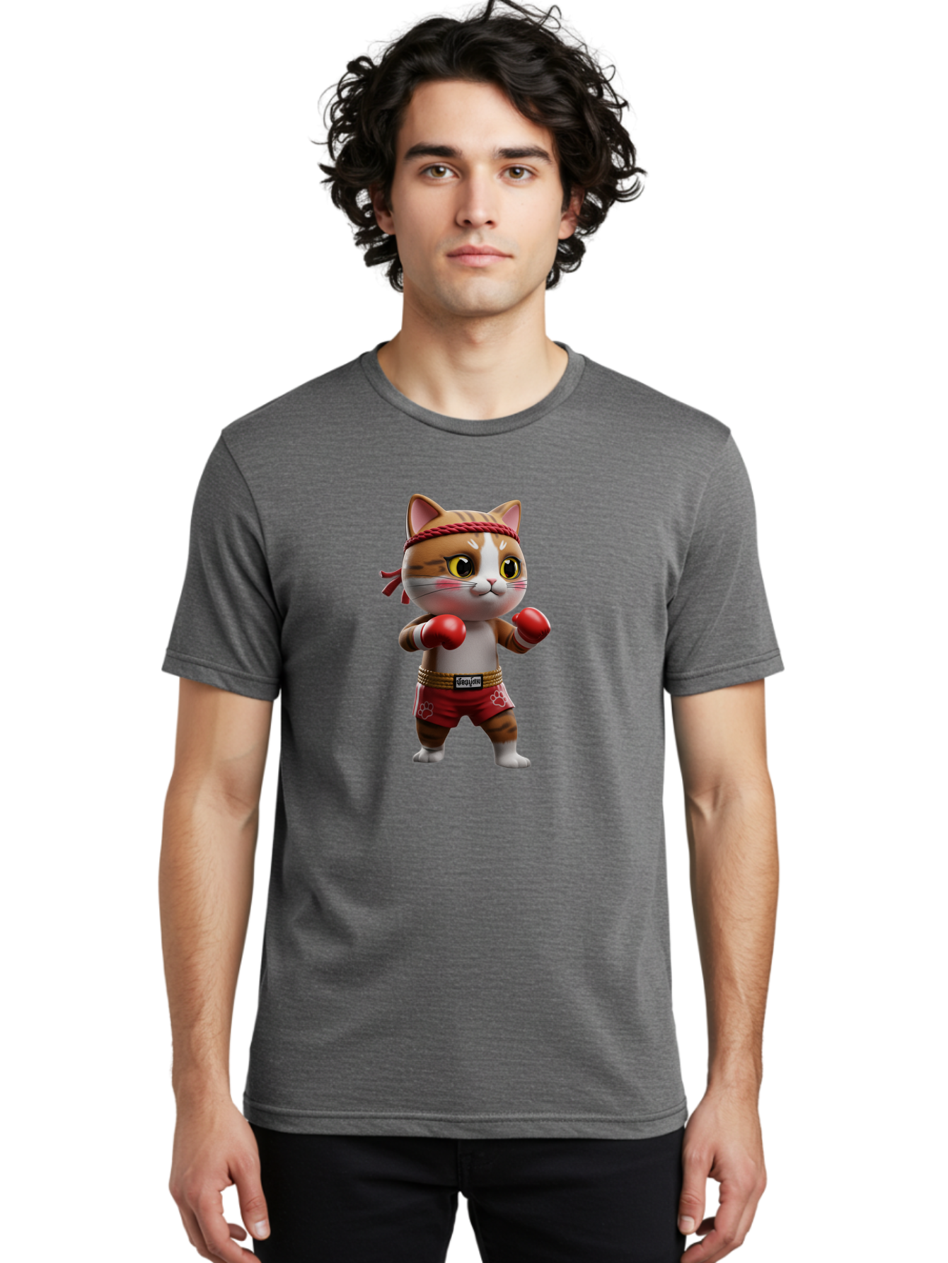 Caylin-Cat Men'S Graphic Tee, 100% Cotton, Comfortable Casual Summer Wear, Machine Washable, Cartoon Cat, Boxing Gloves, Red Shorts, Martial Arts, Adorable Animal, Cute Character, Toy Illustration, Fighting Stance, Red Headband, Bae405 23