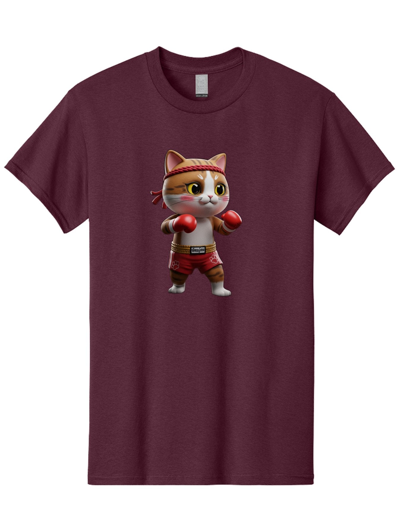 Caylin-Cat Men'S Graphic Tee, 100% Cotton, Comfortable Casual Summer Wear, Machine Washable, Cartoon Cat, Boxing Gloves, Red Shorts, Martial Arts, Adorable Animal, Cute Character, Toy Illustration, Fighting Stance, Red Headband, Bae405