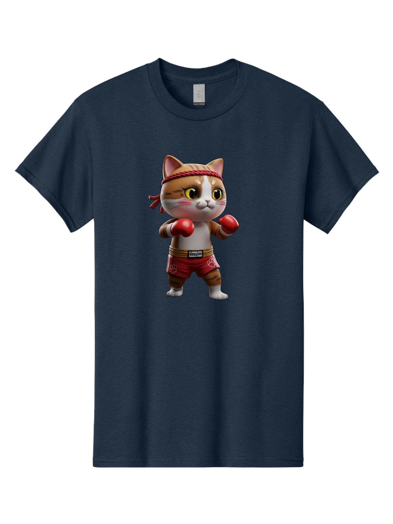 Caylin-Cat Men'S Graphic Tee, 100% Cotton, Comfortable Casual Summer Wear, Machine Washable, Cartoon Cat, Boxing Gloves, Red Shorts, Martial Arts, Adorable Animal, Cute Character, Toy Illustration, Fighting Stance, Red Headband, Bae405