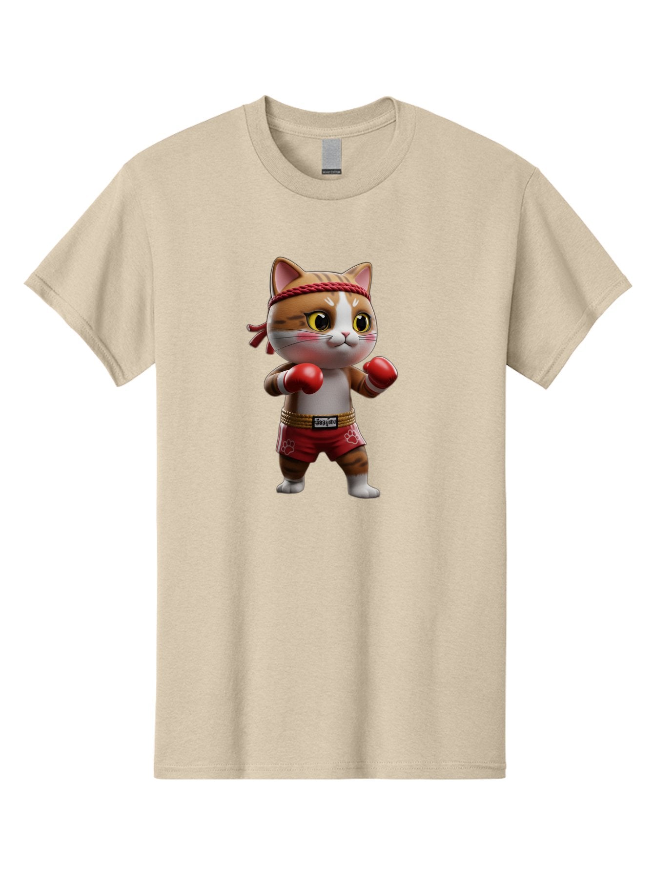 Caylin-Cat Men'S Graphic Tee, 100% Cotton, Comfortable Casual Summer Wear, Machine Washable, Cartoon Cat, Boxing Gloves, Red Shorts, Martial Arts, Adorable Animal, Cute Character, Toy Illustration, Fighting Stance, Red Headband, Bae405 11