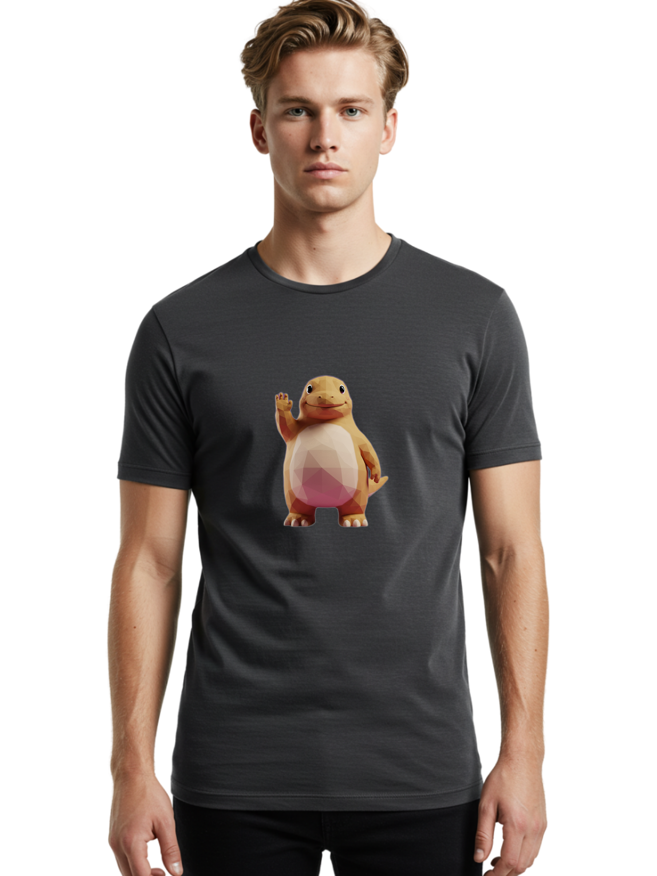 Charmander Men'S Graphic Tee, 100% Cotton, Comfortable Casual Summer Wear, Machine Washable, Charmander, Pokémon Character, Cartoon Lizard, Low-Poly 3D Model, Orange And White Colors, Friendly Gesture, Digital Illustration, Gaming Icon Bae406 17