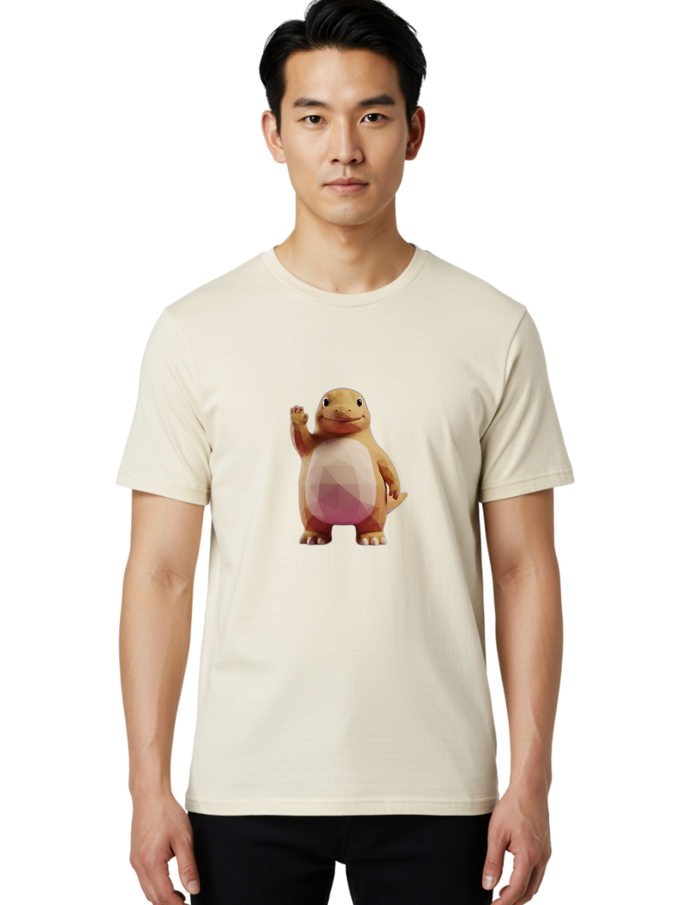 Charmander Men'S Graphic Tee, 100% Cotton, Comfortable Casual Summer Wear, Machine Washable, Charmander, Pokémon Character, Cartoon Lizard, Low-Poly 3D Model, Orange And White Colors, Friendly Gesture, Digital Illustration, Gaming Icon Bae406 23