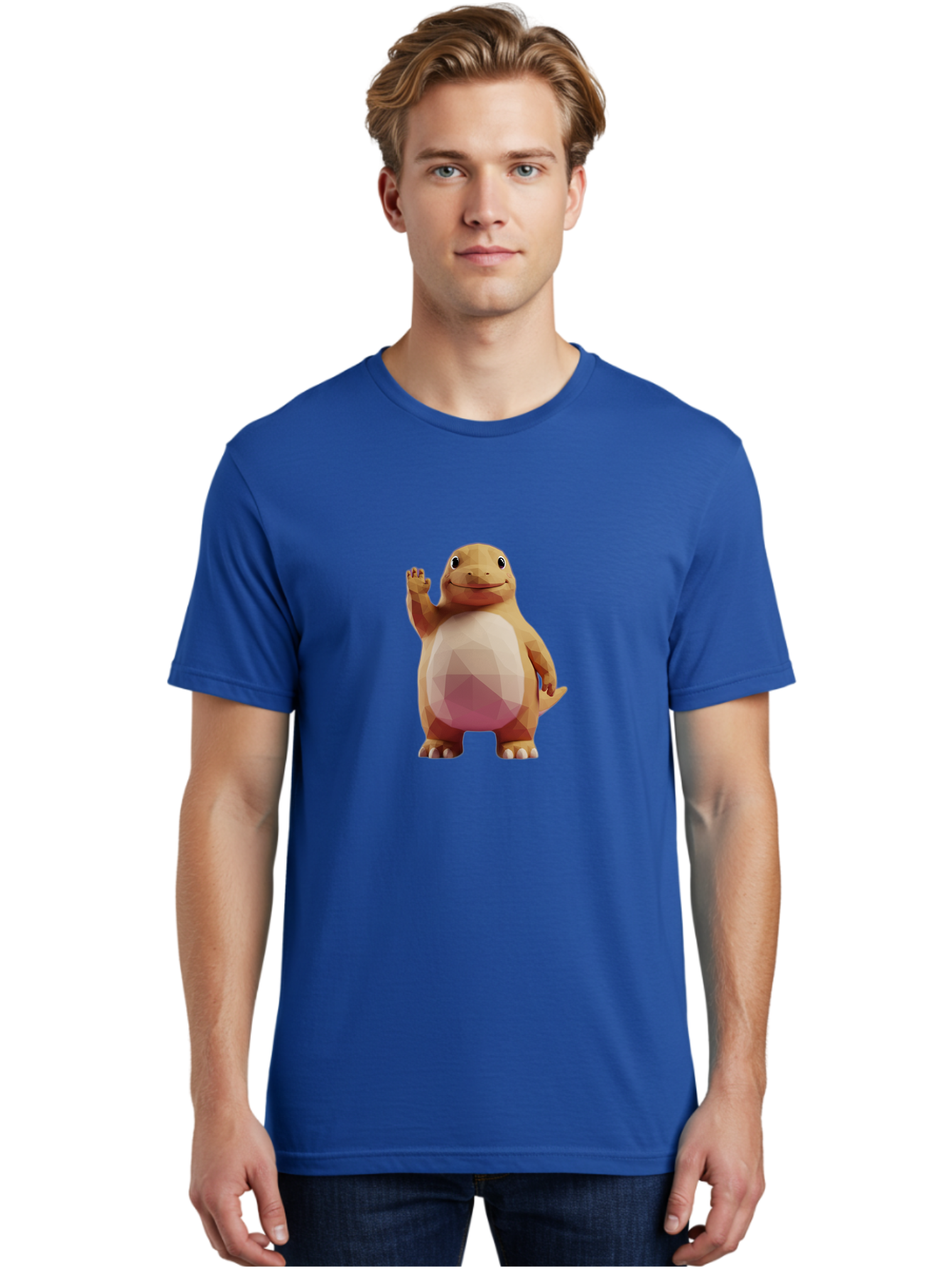 Charmander Men'S Graphic Tee, 100% Cotton, Comfortable Casual Summer Wear, Machine Washable, Charmander, Pokémon Character, Cartoon Lizard, Low-Poly 3D Model, Orange And White Colors, Friendly Gesture, Digital Illustration, Gaming Icon Bae406 24