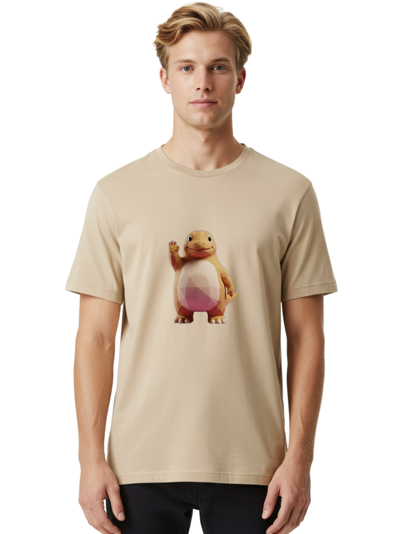 Charmander Men'S Graphic Tee, 100% Cotton, Comfortable Casual Summer Wear, Machine Washable, Charmander, Pokémon Character, Cartoon Lizard, Low-Poly 3D Model, Orange And White Colors, Friendly Gesture, Digital Illustration, Gaming Icon Bae406 25
