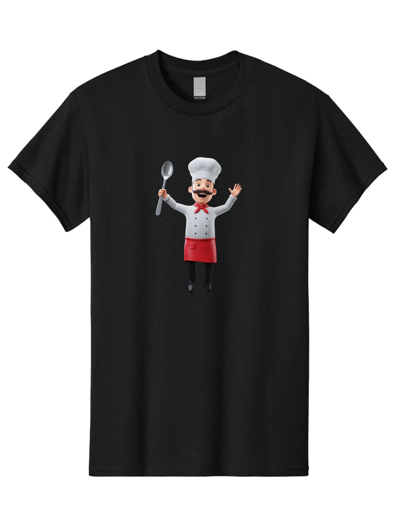 Chef-Character Men'S Graphic Tee, 100% Cotton, Comfortable Casual Summer Wear, Machine Washable, Cartoon Chef, White Hat, Red Apron, White Jacket, Metal Ladle, Welcoming Gesture, Chef Attire, Culinary Art, Kitchen Staff, Cooking Enthusiast, Bae407