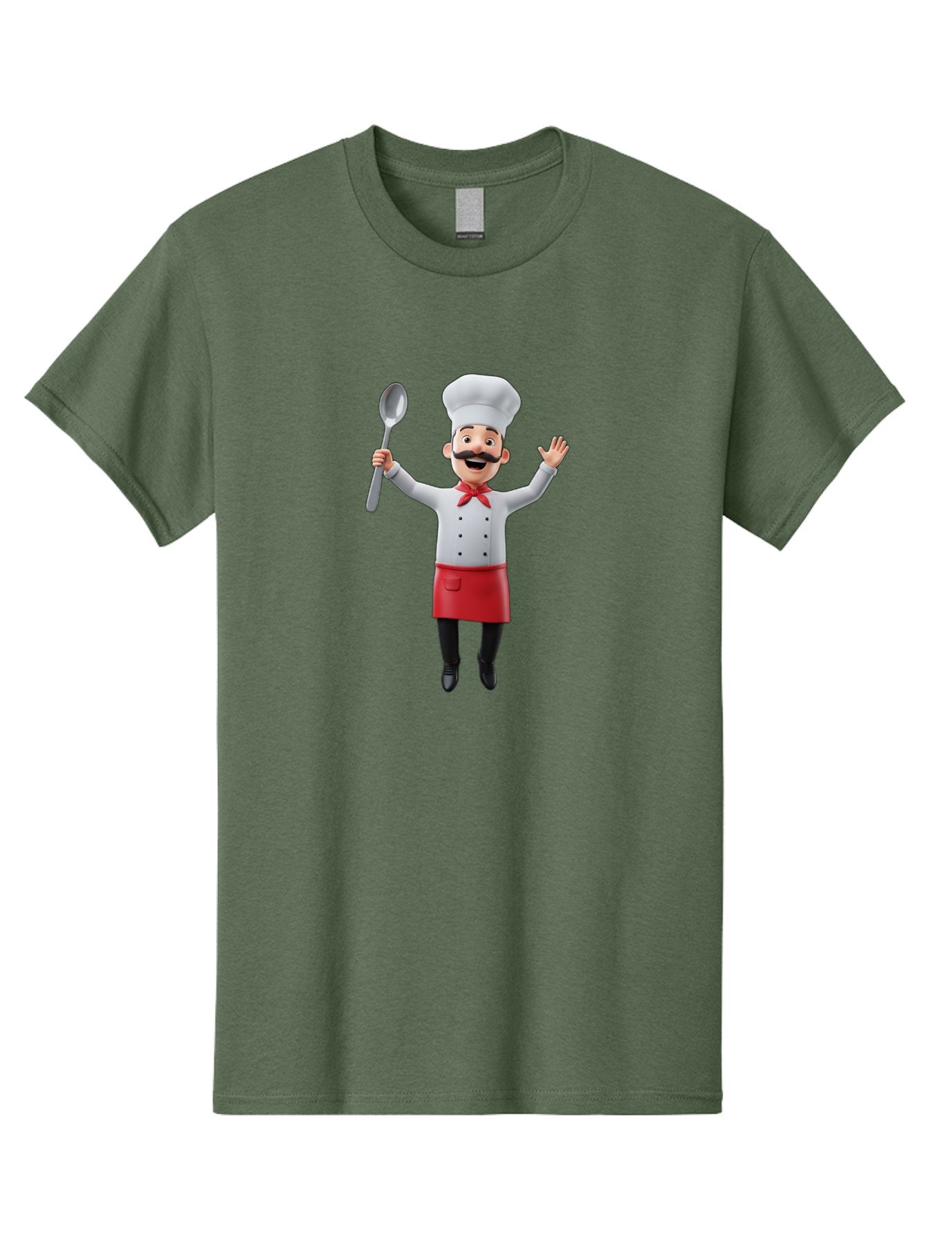 Chef-Character Men'S Graphic Tee, 100% Cotton, Comfortable Casual Summer Wear, Machine Washable, Cartoon Chef, White Hat, Red Apron, White Jacket, Metal Ladle, Welcoming Gesture, Chef Attire, Culinary Art, Kitchen Staff, Cooking Enthusiast, Bae407 5