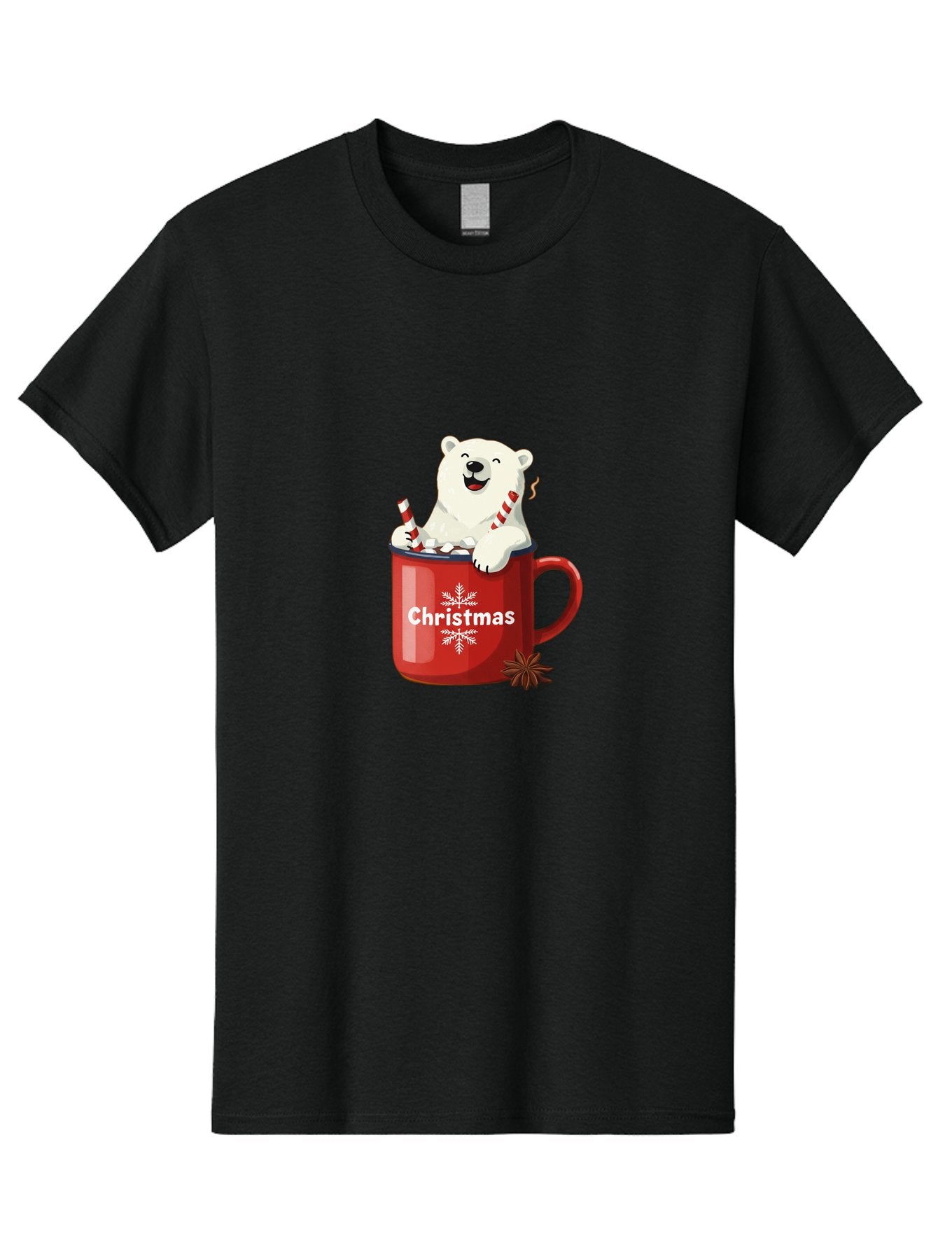 Christmas-Mug Men'S Graphic Tee, 100% Cotton, Comfortable Casual Summer Wear, Machine Washable, Polar Bear In Red Mug, Christmas Theme, Festive Decorations, Candy Cane, Marshmallows, Snowflake Design, Holiday Cheer, Winter Wonderland, Bae408 5