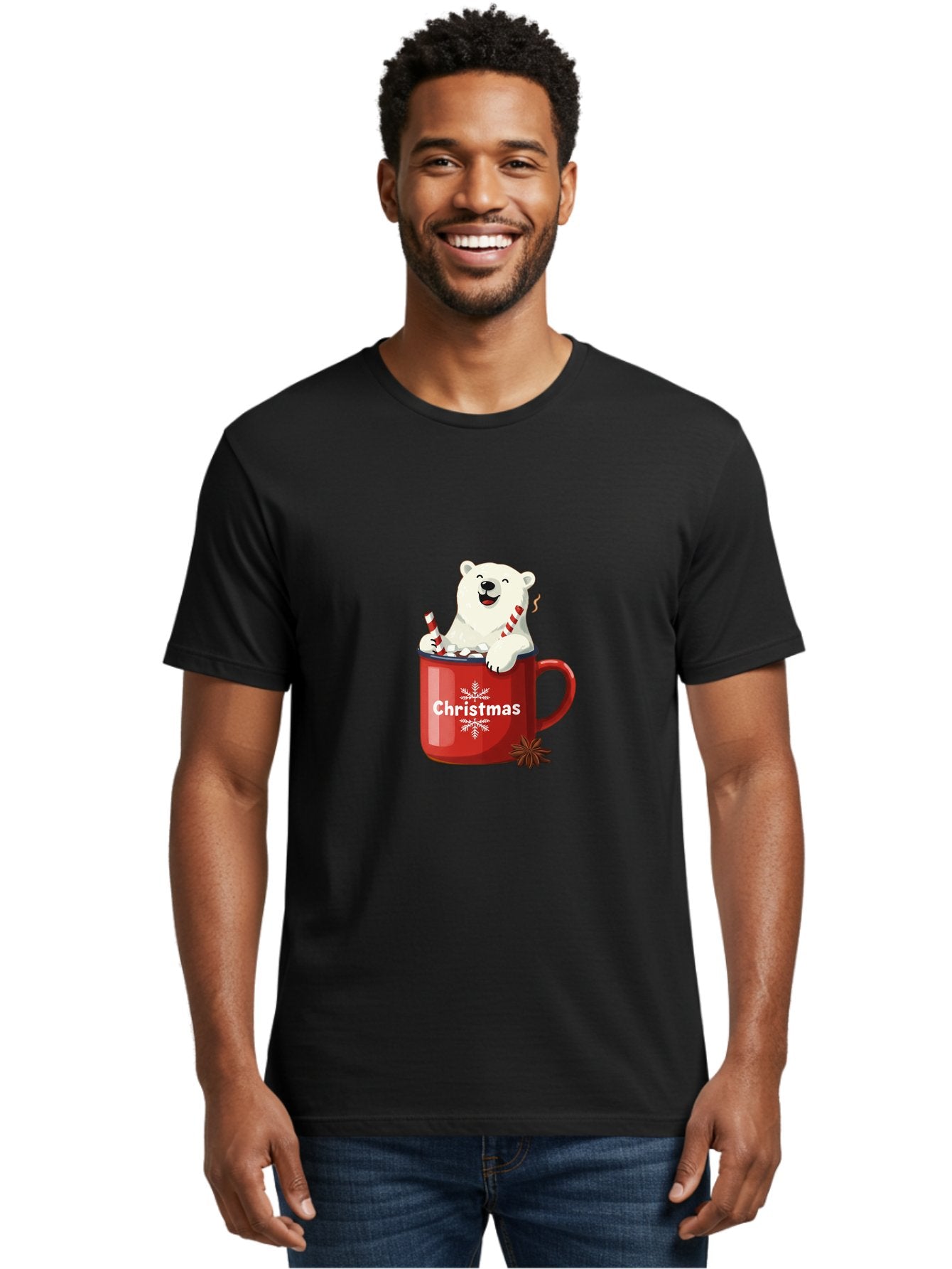 Christmas-Mug Men'S Graphic Tee, 100% Cotton, Comfortable Casual Summer Wear, Machine Washable, Polar Bear In Red Mug, Christmas Theme, Festive Decorations, Candy Cane, Marshmallows, Snowflake Design, Holiday Cheer, Winter Wonderland, Bae408 23