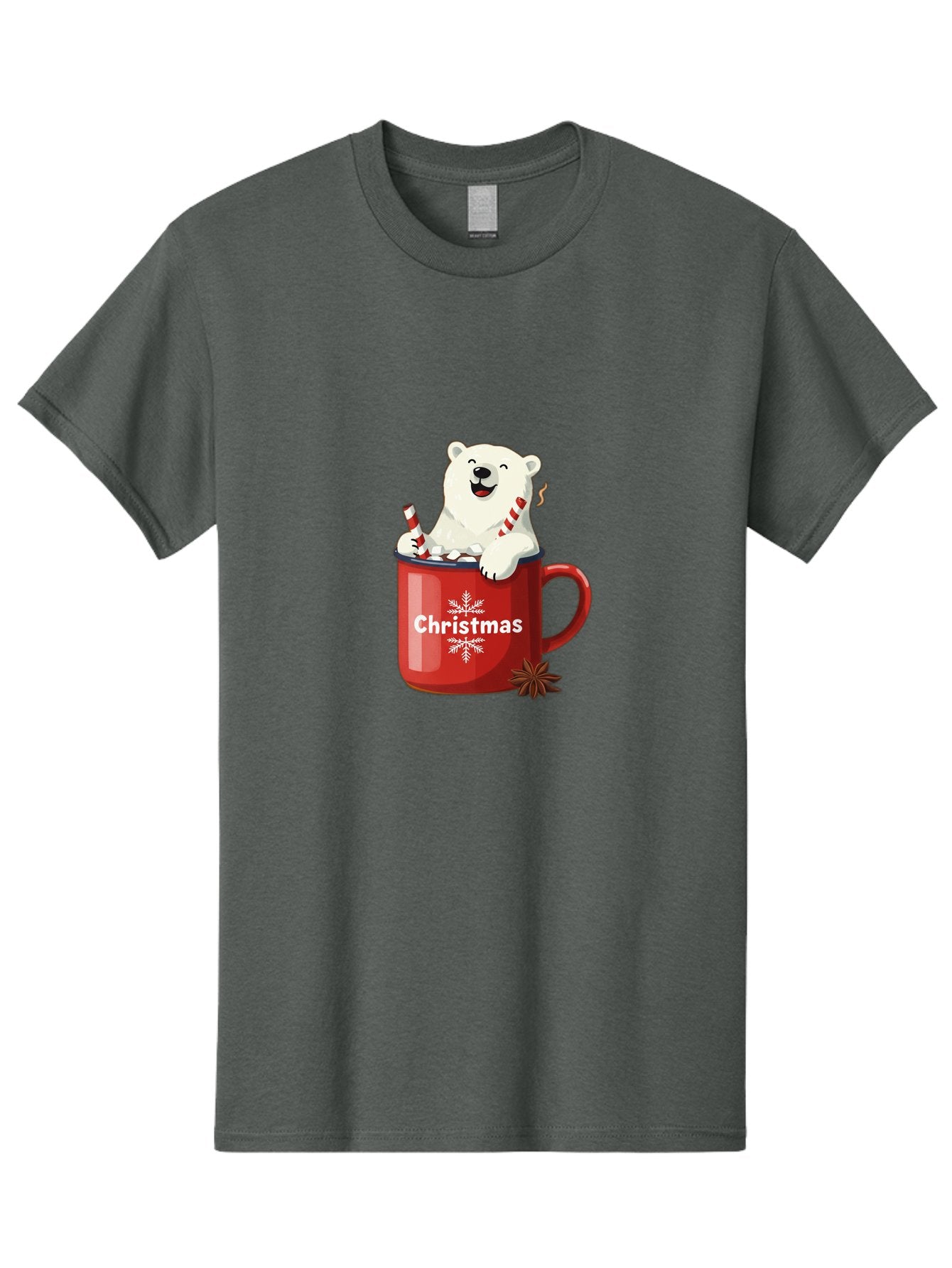 Christmas-Mug Men'S Graphic Tee, 100% Cotton, Comfortable Casual Summer Wear, Machine Washable, Polar Bear In Red Mug, Christmas Theme, Festive Decorations, Candy Cane, Marshmallows, Snowflake Design, Holiday Cheer, Winter Wonderland, Bae408 8