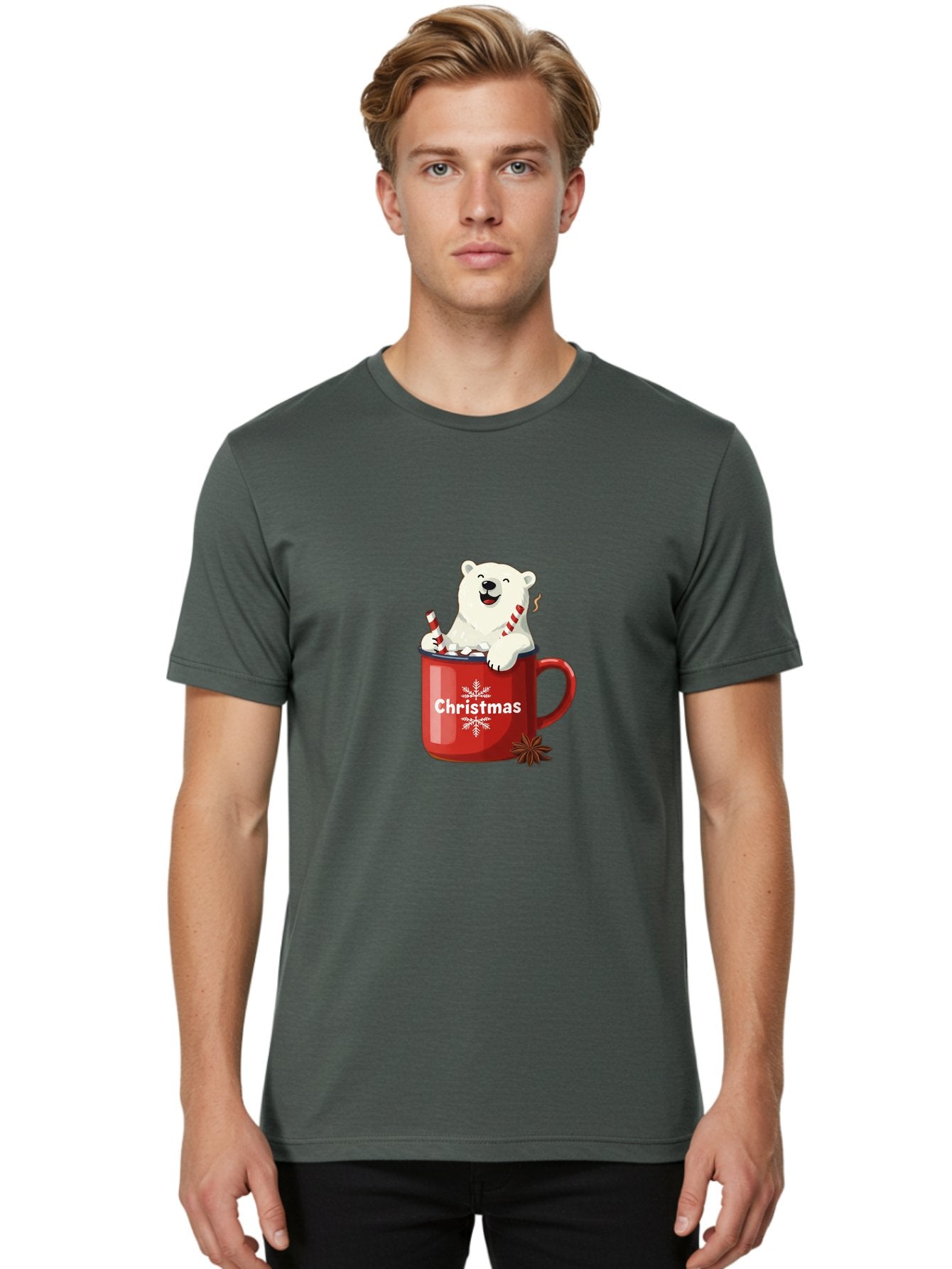 Christmas-Mug Men'S Graphic Tee, 100% Cotton, Comfortable Casual Summer Wear, Machine Washable, Polar Bear In Red Mug, Christmas Theme, Festive Decorations, Candy Cane, Marshmallows, Snowflake Design, Holiday Cheer, Winter Wonderland, Bae408 25