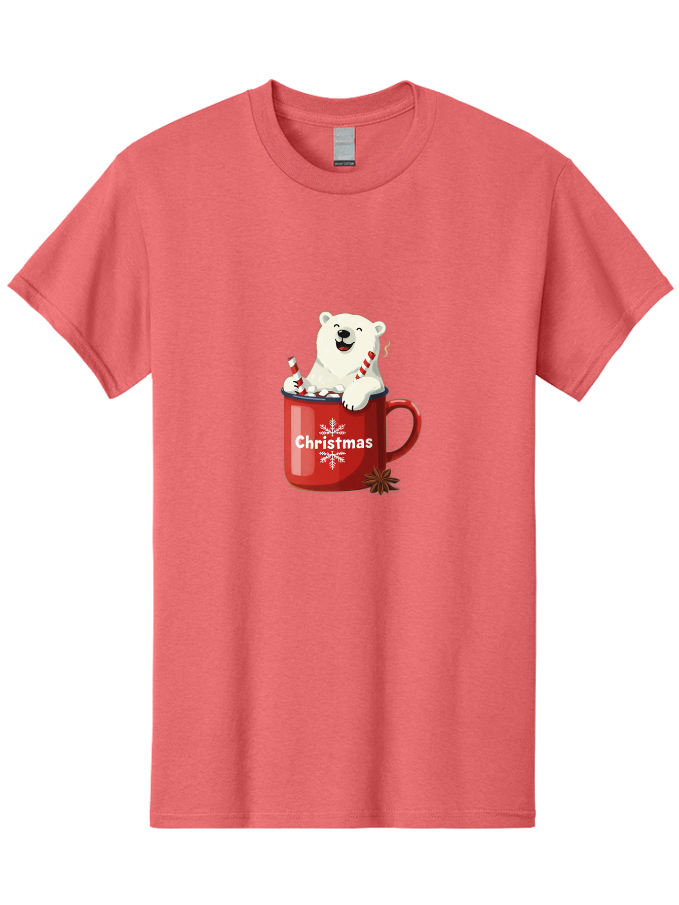 Christmas-Mug Men'S Graphic Tee, 100% Cotton, Comfortable Casual Summer Wear, Machine Washable, Polar Bear In Red Mug, Christmas Theme, Festive Decorations, Candy Cane, Marshmallows, Snowflake Design, Holiday Cheer, Winter Wonderland, Bae408 11