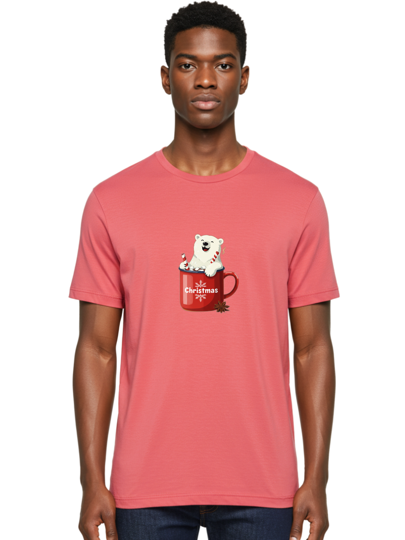 Christmas-Mug Men'S Graphic Tee, 100% Cotton, Comfortable Casual Summer Wear, Machine Washable, Polar Bear In Red Mug, Christmas Theme, Festive Decorations, Candy Cane, Marshmallows, Snowflake Design, Holiday Cheer, Winter Wonderland, Bae408 26