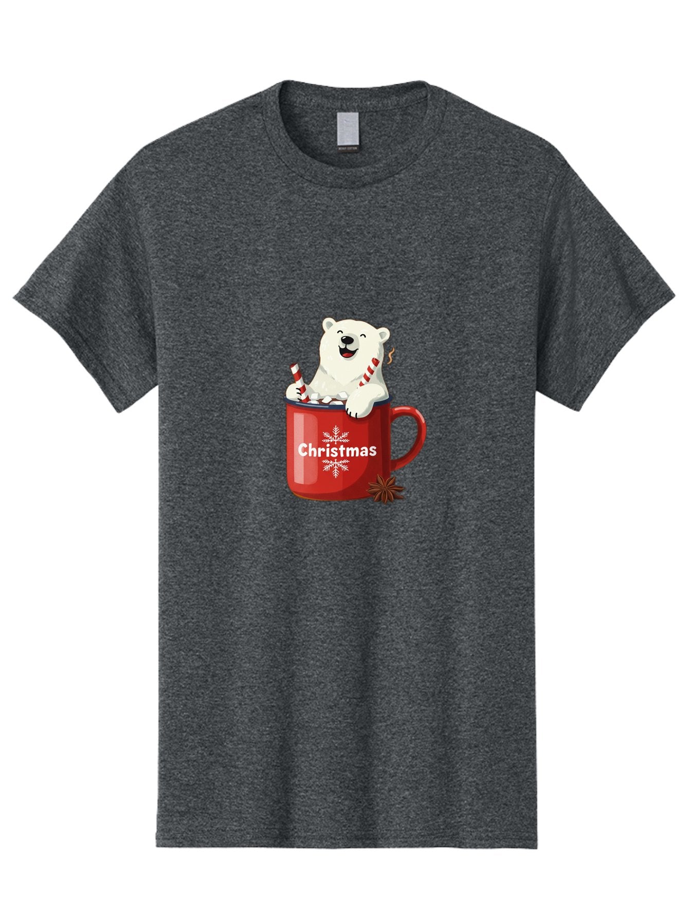 Christmas-Mug Men'S Graphic Tee, 100% Cotton, Comfortable Casual Summer Wear, Machine Washable, Polar Bear In Red Mug, Christmas Theme, Festive Decorations, Candy Cane, Marshmallows, Snowflake Design, Holiday Cheer, Winter Wonderland, Bae408 12