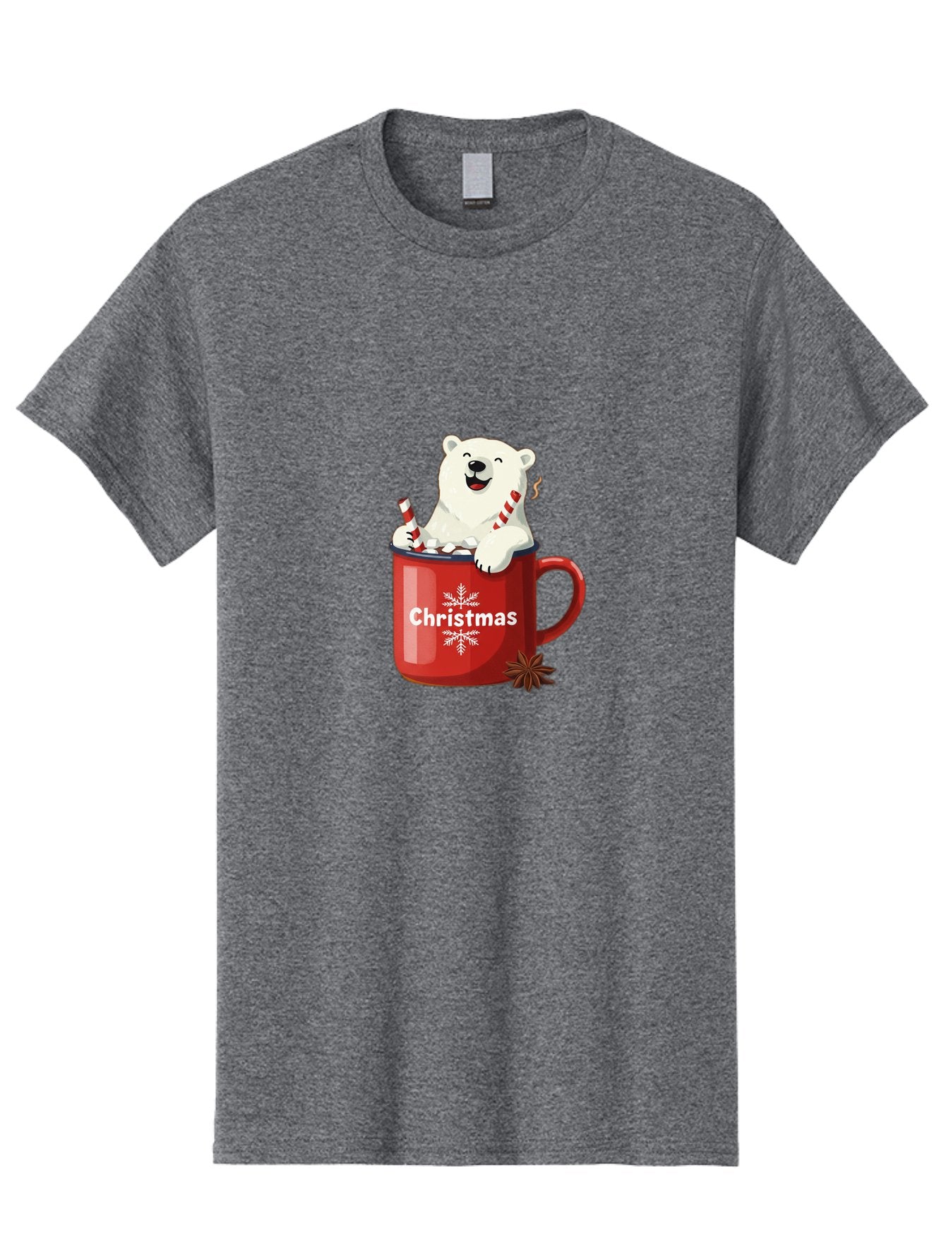 Christmas-Mug Men'S Graphic Tee, 100% Cotton, Comfortable Casual Summer Wear, Machine Washable, Polar Bear In Red Mug, Christmas Theme, Festive Decorations, Candy Cane, Marshmallows, Snowflake Design, Holiday Cheer, Winter Wonderland, Bae408 7