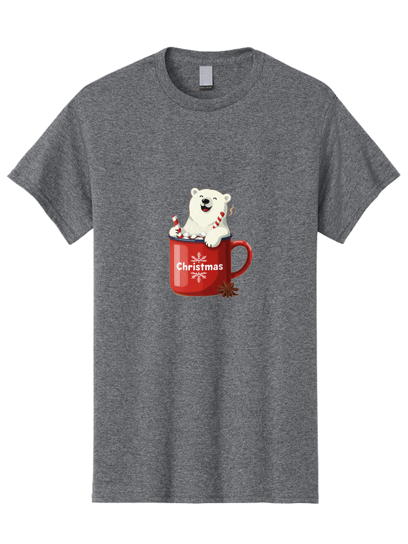 Christmas-Mug Men'S Graphic Tee, 100% Cotton, Comfortable Casual Summer Wear, Machine Washable, Polar Bear In Red Mug, Christmas Theme, Festive Decorations, Candy Cane, Marshmallows, Snowflake Design, Holiday Cheer, Winter Wonderland, Bae408 13