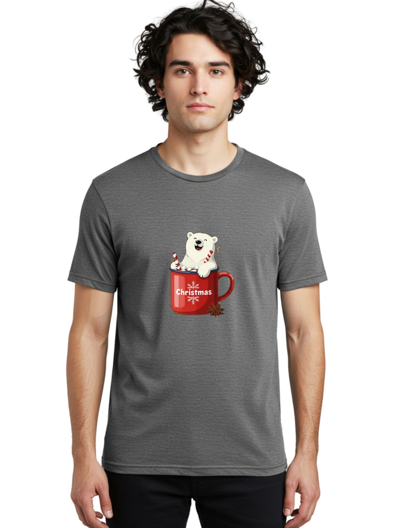 Christmas-Mug Men'S Graphic Tee, 100% Cotton, Comfortable Casual Summer Wear, Machine Washable, Polar Bear In Red Mug, Christmas Theme, Festive Decorations, Candy Cane, Marshmallows, Snowflake Design, Holiday Cheer, Winter Wonderland, Bae408 16