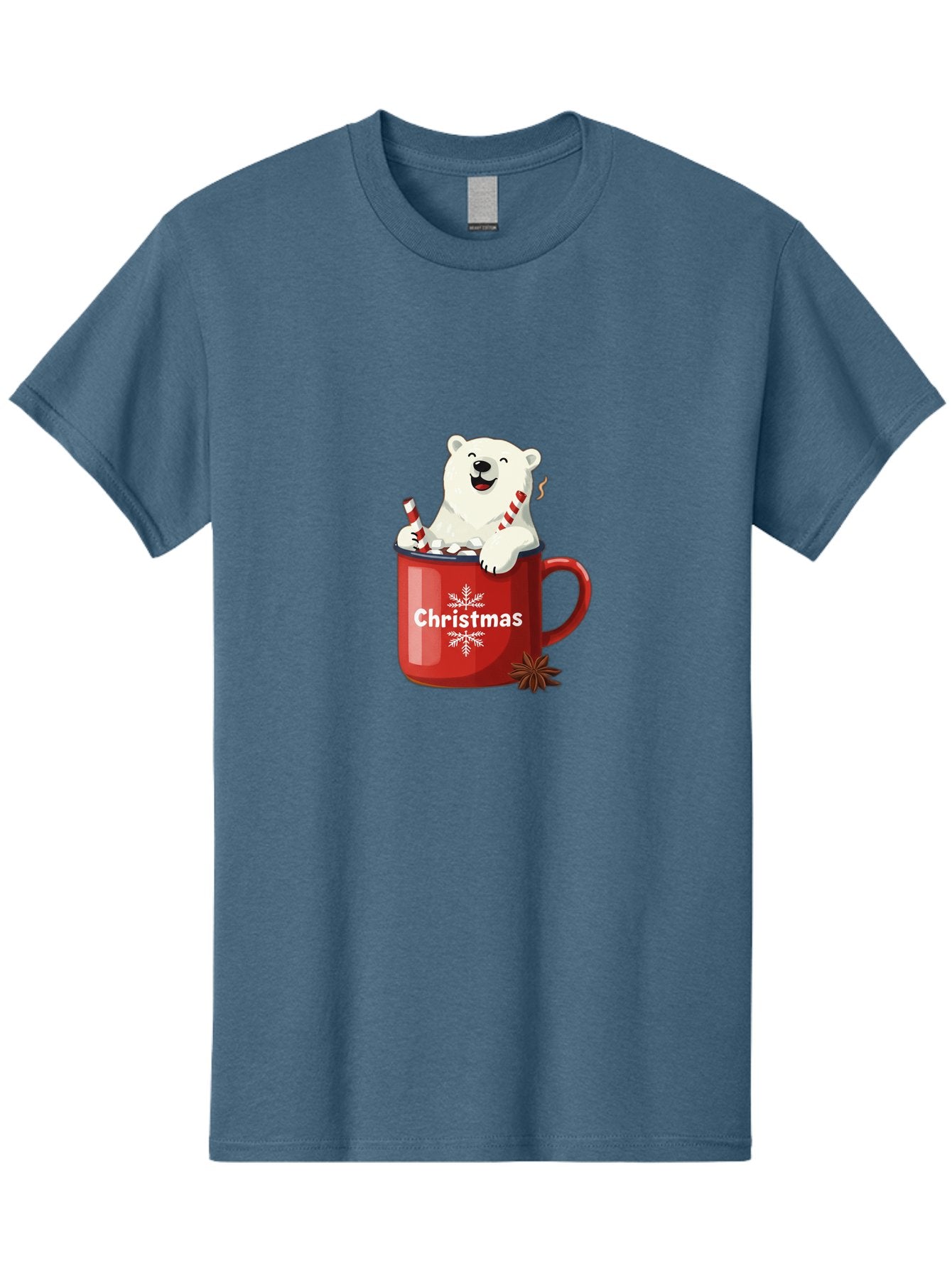 Christmas-Mug Men'S Graphic Tee, 100% Cotton, Comfortable Casual Summer Wear, Machine Washable, Polar Bear In Red Mug, Christmas Theme, Festive Decorations, Candy Cane, Marshmallows, Snowflake Design, Holiday Cheer, Winter Wonderland, Bae408 14
