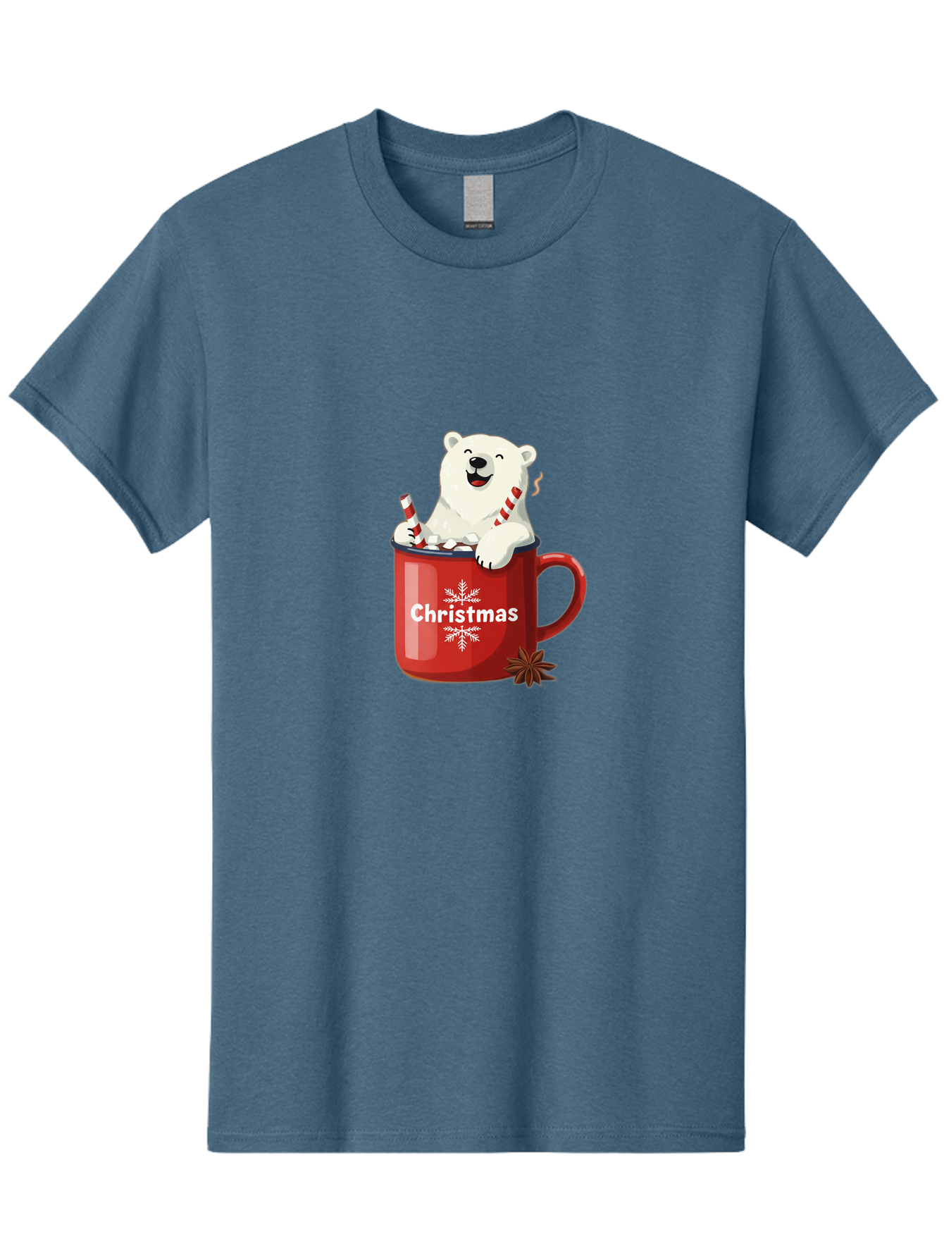 Christmas-Mug Men'S Graphic Tee, 100% Cotton, Comfortable Casual Summer Wear, Machine Washable, Polar Bear In Red Mug, Christmas Theme, Festive Decorations, Candy Cane, Marshmallows, Snowflake Design, Holiday Cheer, Winter Wonderland, Bae408