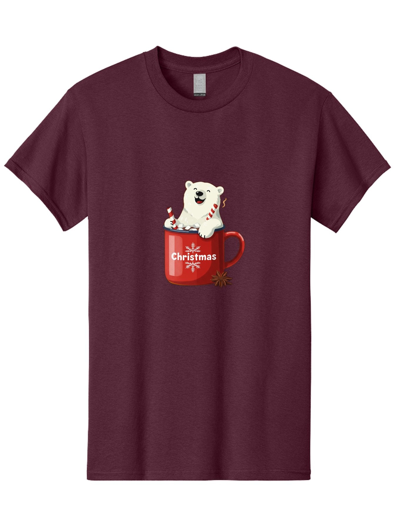 Christmas-Mug Men'S Graphic Tee, 100% Cotton, Comfortable Casual Summer Wear, Machine Washable, Polar Bear In Red Mug, Christmas Theme, Festive Decorations, Candy Cane, Marshmallows, Snowflake Design, Holiday Cheer, Winter Wonderland, Bae408 3