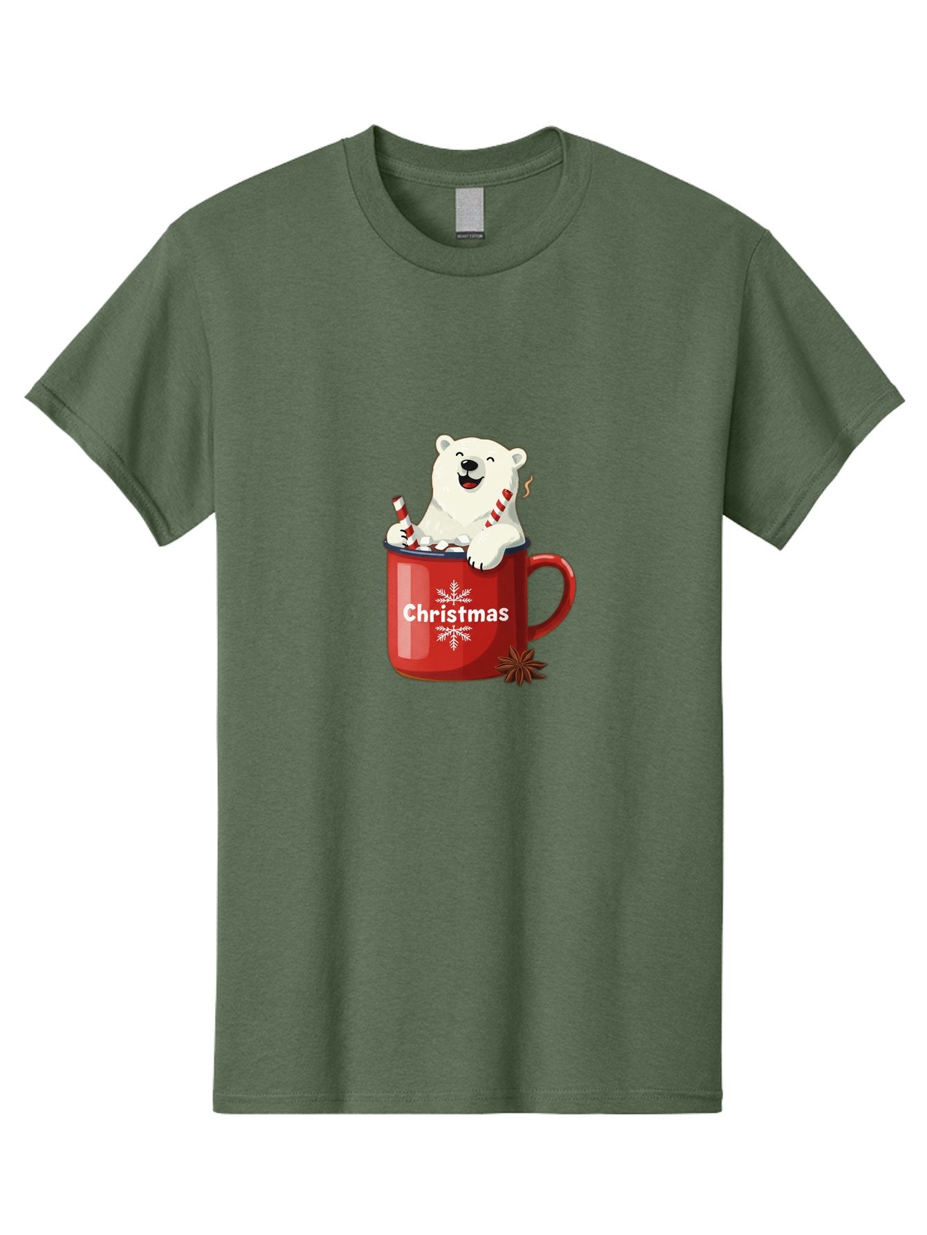 Christmas-Mug Men'S Graphic Tee, 100% Cotton, Comfortable Casual Summer Wear, Machine Washable, Polar Bear In Red Mug, Christmas Theme, Festive Decorations, Candy Cane, Marshmallows, Snowflake Design, Holiday Cheer, Winter Wonderland, Bae408 15