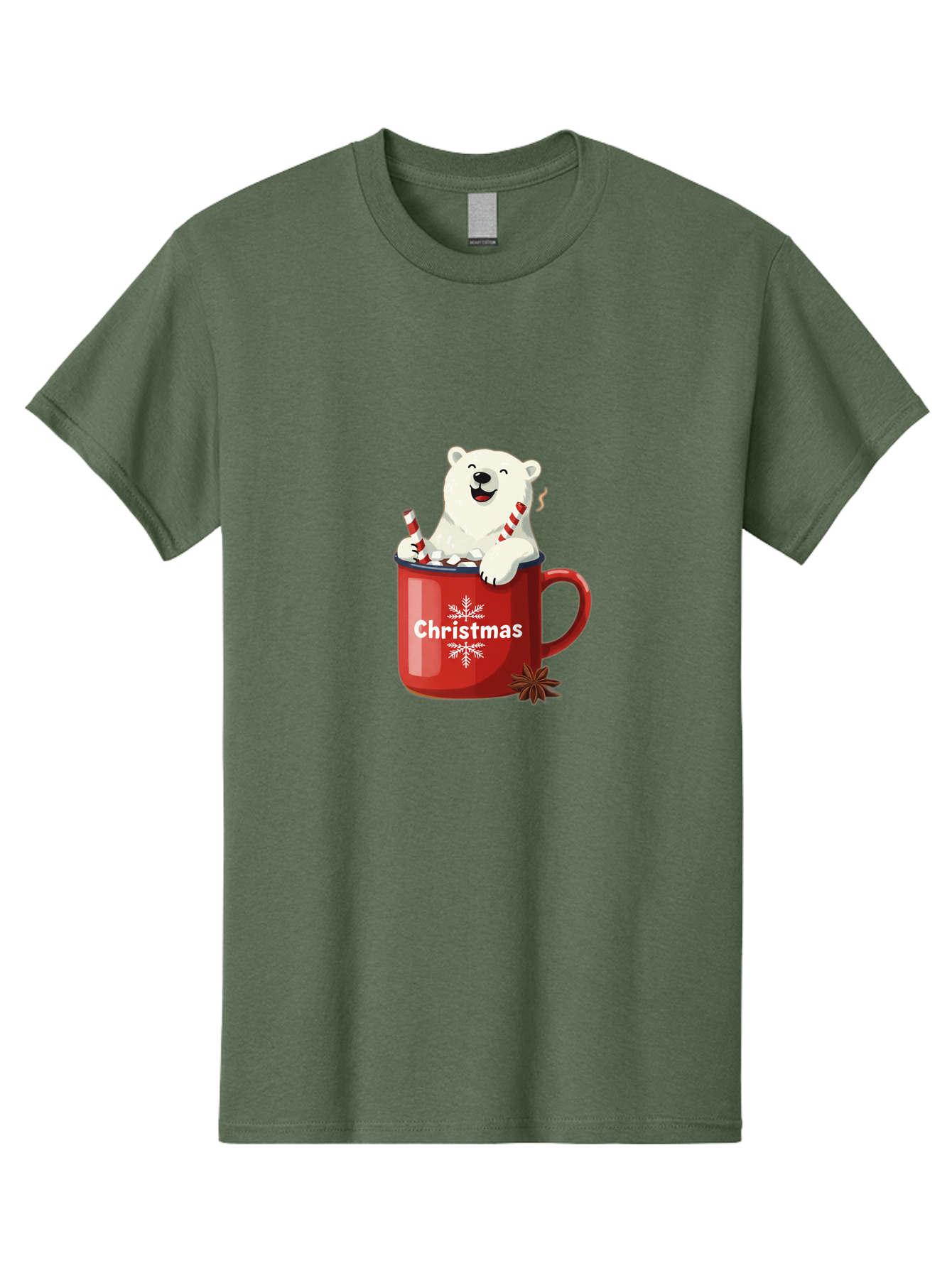 Christmas-Mug Men'S Graphic Tee, 100% Cotton, Comfortable Casual Summer Wear, Machine Washable, Polar Bear In Red Mug, Christmas Theme, Festive Decorations, Candy Cane, Marshmallows, Snowflake Design, Holiday Cheer, Winter Wonderland, Bae408