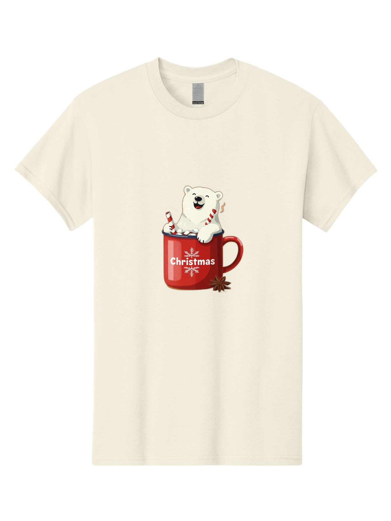 Christmas-Mug Men'S Graphic Tee, 100% Cotton, Comfortable Casual Summer Wear, Machine Washable, Polar Bear In Red Mug, Christmas Theme, Festive Decorations, Candy Cane, Marshmallows, Snowflake Design, Holiday Cheer, Winter Wonderland, Bae408 9