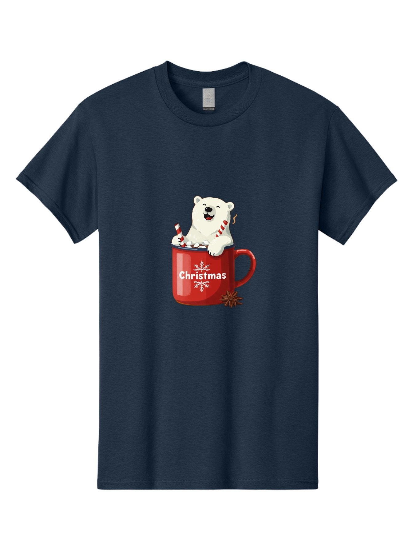 Christmas-Mug Men'S Graphic Tee, 100% Cotton, Comfortable Casual Summer Wear, Machine Washable, Polar Bear In Red Mug, Christmas Theme, Festive Decorations, Candy Cane, Marshmallows, Snowflake Design, Holiday Cheer, Winter Wonderland, Bae408 13