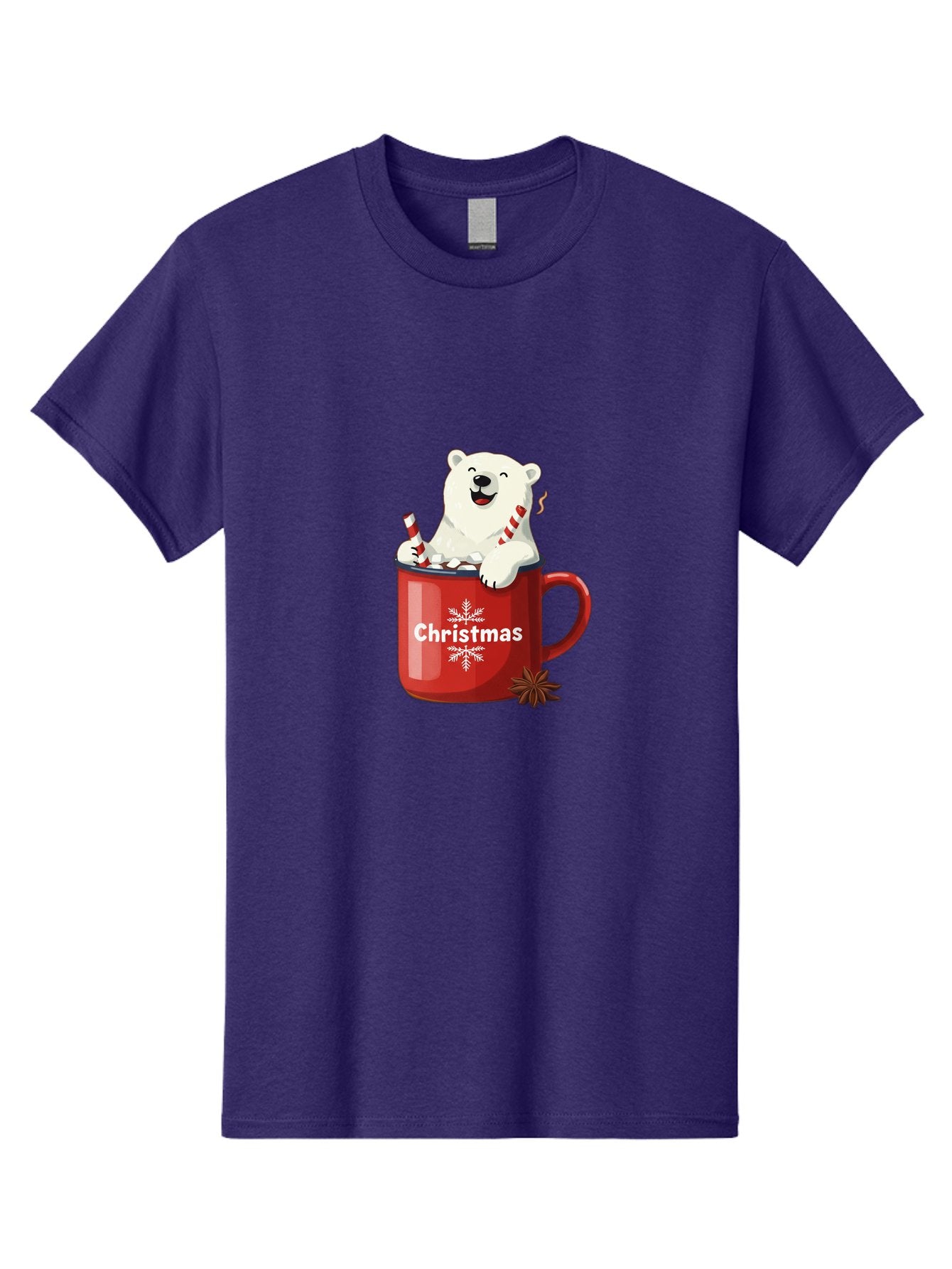 Christmas-Mug Men'S Graphic Tee, 100% Cotton, Comfortable Casual Summer Wear, Machine Washable, Polar Bear In Red Mug, Christmas Theme, Festive Decorations, Candy Cane, Marshmallows, Snowflake Design, Holiday Cheer, Winter Wonderland, Bae408 6