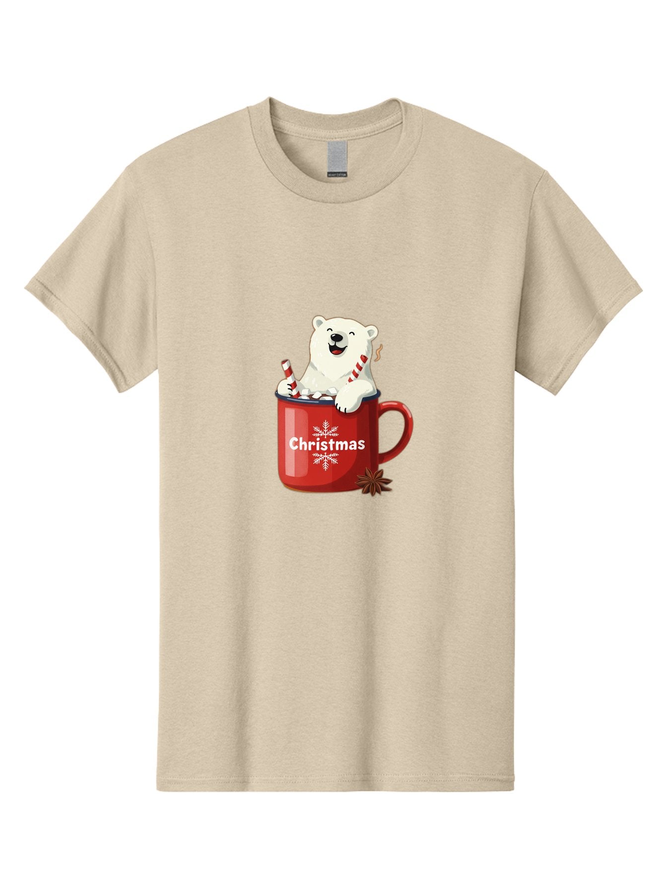 Christmas-Mug Men'S Graphic Tee, 100% Cotton, Comfortable Casual Summer Wear, Machine Washable, Polar Bear In Red Mug, Christmas Theme, Festive Decorations, Candy Cane, Marshmallows, Snowflake Design, Holiday Cheer, Winter Wonderland, Bae408 4