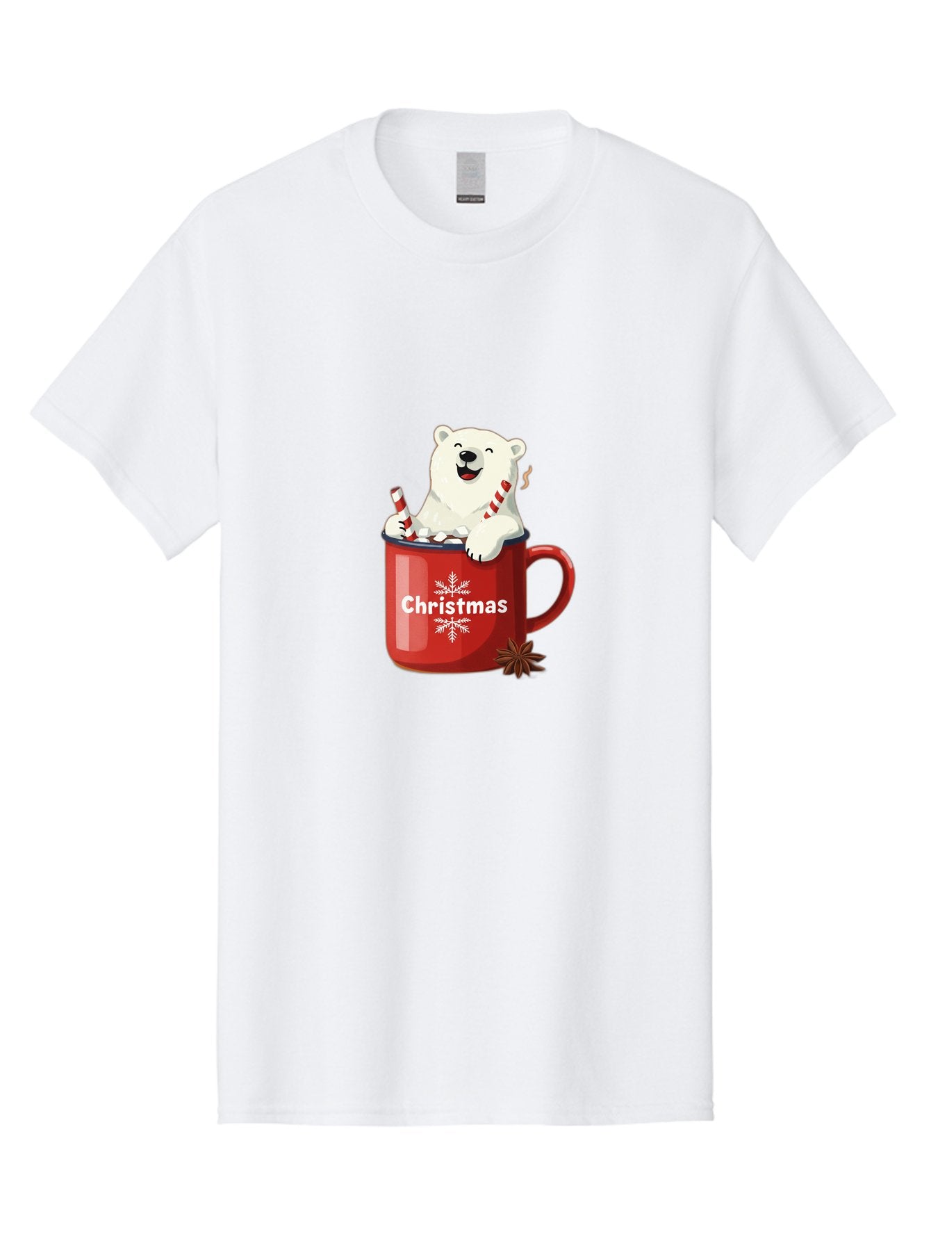 Christmas-Mug Men'S Graphic Tee, 100% Cotton, Comfortable Casual Summer Wear, Machine Washable, Polar Bear In Red Mug, Christmas Theme, Festive Decorations, Candy Cane, Marshmallows, Snowflake Design, Holiday Cheer, Winter Wonderland, Bae408