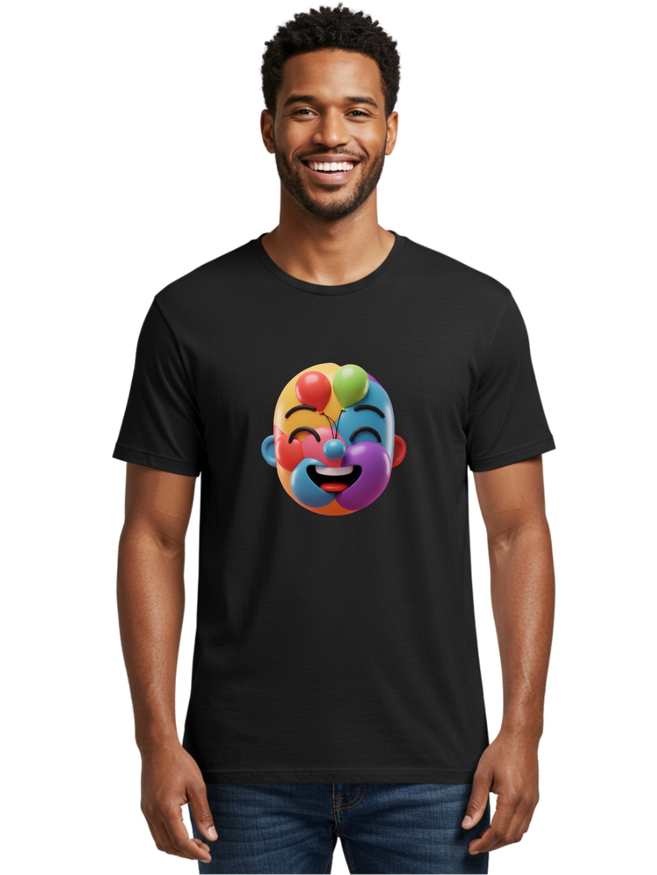 Clown-Emoji Men'S Graphic Tee, 100% Cotton, Comfortable Casual Summer Wear, Machine Washable, 3D Clown Face, Colorful Illustration, Clown Character, Balloons, Happy Expression, Vibrant Colors, Cartoon-Style, Playful Design, Joyful Atmosphere, Bae411 22