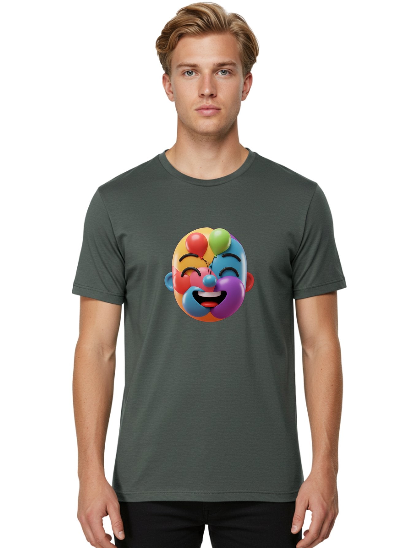 Clown-Emoji Men'S Graphic Tee, 100% Cotton, Comfortable Casual Summer Wear, Machine Washable, 3D Clown Face, Colorful Illustration, Clown Character, Balloons, Happy Expression, Vibrant Colors, Cartoon-Style, Playful Design, Joyful Atmosphere, Bae411 24