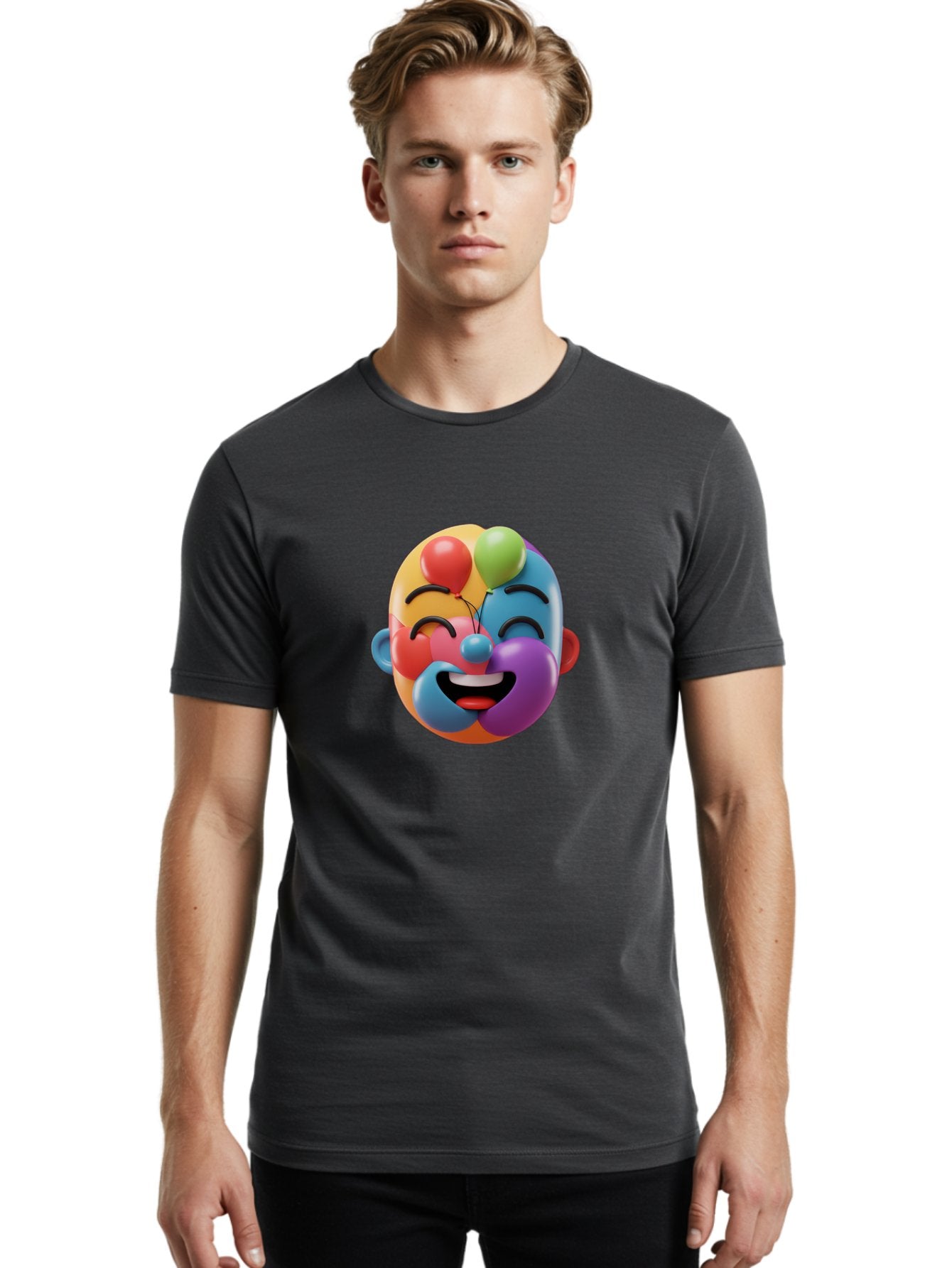 Clown-Emoji Men'S Graphic Tee, 100% Cotton, Comfortable Casual Summer Wear, Machine Washable, 3D Clown Face, Colorful Illustration, Clown Character, Balloons, Happy Expression, Vibrant Colors, Cartoon-Style, Playful Design, Joyful Atmosphere, Bae411 27