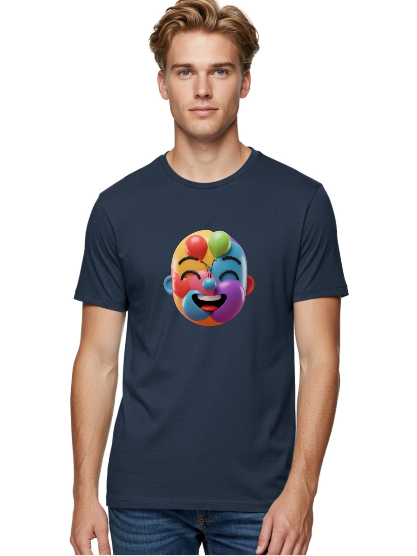 Clown-Emoji Men'S Graphic Tee, 100% Cotton, Comfortable Casual Summer Wear, Machine Washable, 3D Clown Face, Colorful Illustration, Clown Character, Balloons, Happy Expression, Vibrant Colors, Cartoon-Style, Playful Design, Joyful Atmosphere, Bae411 16