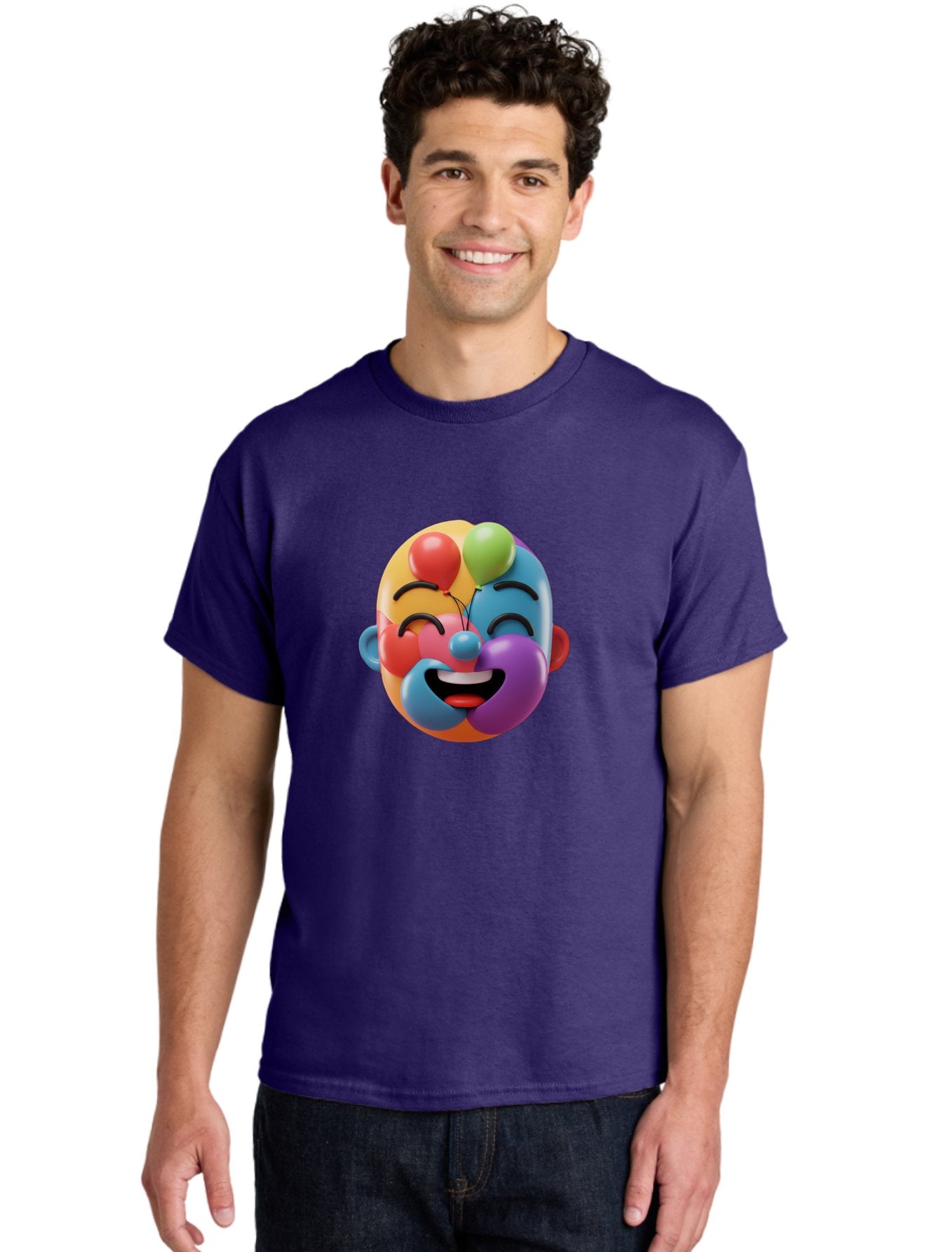 Clown-Emoji Men'S Graphic Tee, 100% Cotton, Comfortable Casual Summer Wear, Machine Washable, 3D Clown Face, Colorful Illustration, Clown Character, Balloons, Happy Expression, Vibrant Colors, Cartoon-Style, Playful Design, Joyful Atmosphere, Bae411 20