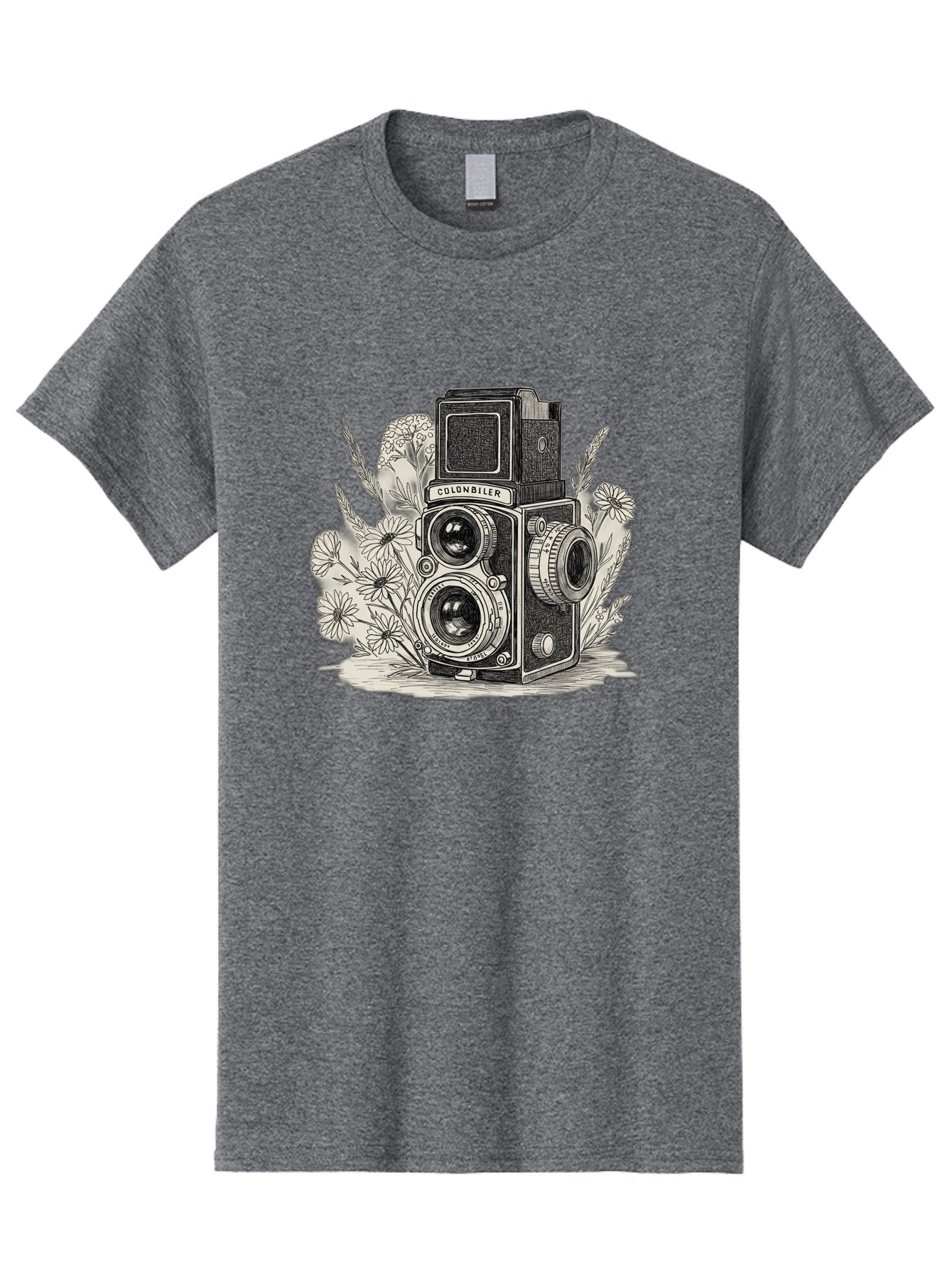 Colonbiler-Camera Men'S Graphic Tee, 100% Cotton, Comfortable Casual Summer Wear, Machine Washable, Vintage Camera, Retro Photography, Flowers, Daisies, Illustration, Black And White, Colonbiler, Photography Equipment Bae413 12
