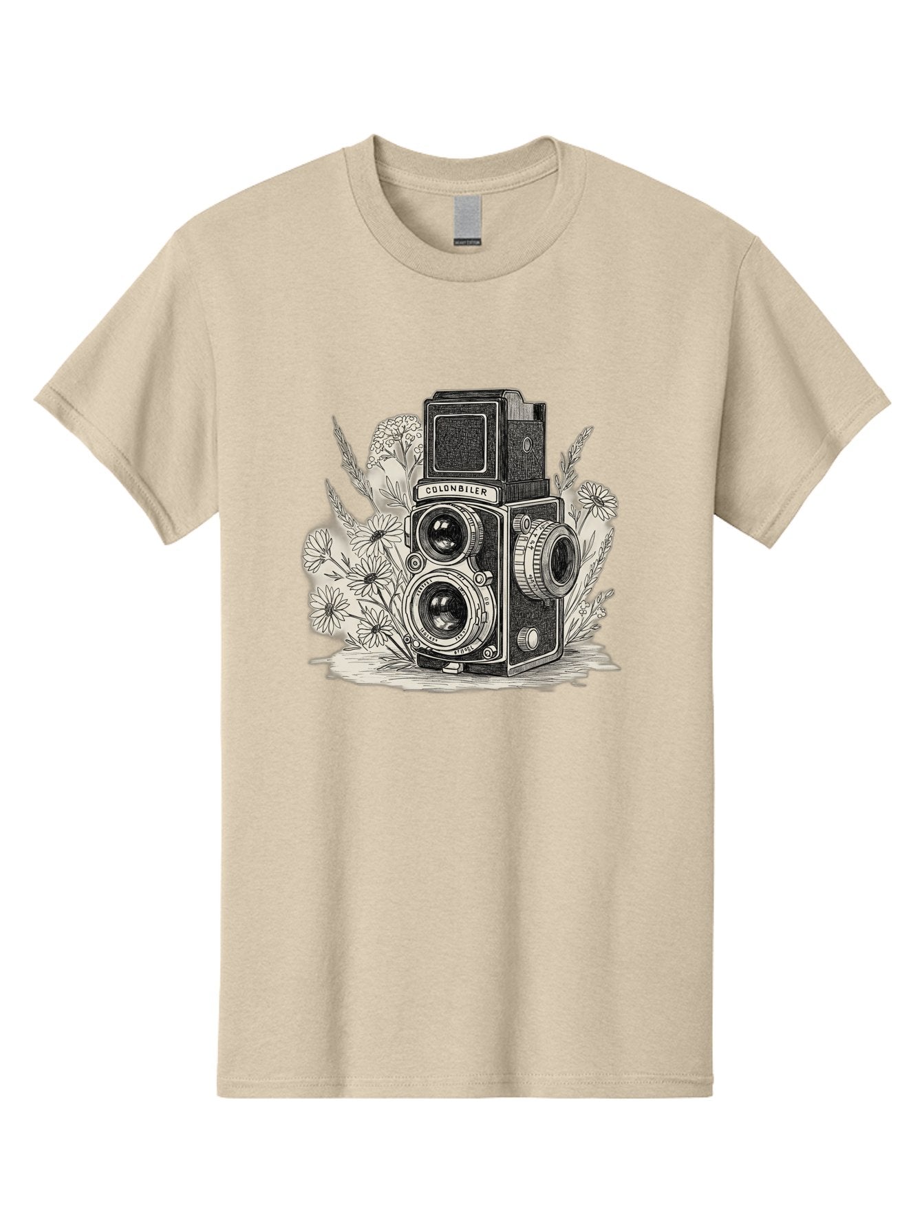 Colonbiler-Camera Men'S Graphic Tee, 100% Cotton, Comfortable Casual Summer Wear, Machine Washable, Vintage Camera, Retro Photography, Flowers, Daisies, Illustration, Black And White, Colonbiler, Photography Equipment Bae413 15