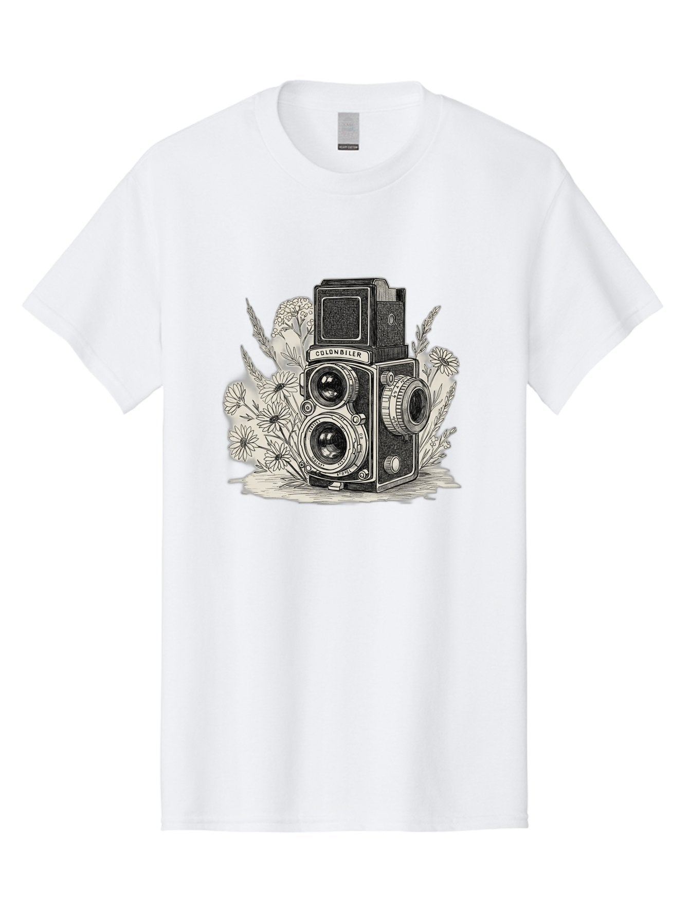 Colonbiler-Camera Men'S Graphic Tee, 100% Cotton, Comfortable Casual Summer Wear, Machine Washable, Vintage Camera, Retro Photography, Flowers, Daisies, Illustration, Black And White, Colonbiler, Photography Equipment Bae413 9