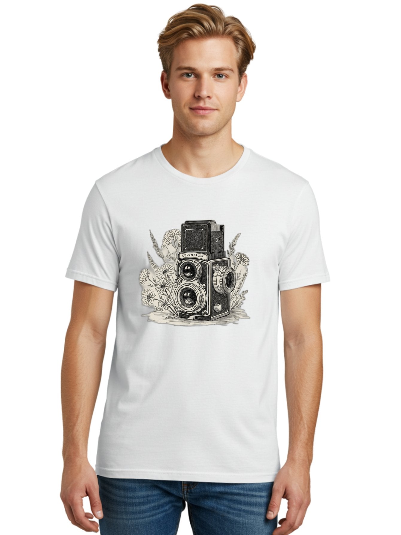 Colonbiler-Camera Men'S Graphic Tee, 100% Cotton, Comfortable Casual Summer Wear, Machine Washable, Vintage Camera, Retro Photography, Flowers, Daisies, Illustration, Black And White, Colonbiler, Photography Equipment Bae413 26