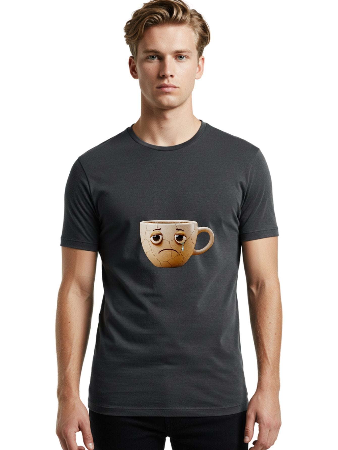 Cracked-Coffee-Mug Men'S Graphic Tee, 100% Cotton, Comfortable Casual Summer Wear, Machine Washable, Cracked Coffee Mug, Sad Face, Teary Eyes, Broken Coffee, Emotional Coffee Mug, Cracked, Upset, Frowning Face, Cracked Ceramic Bae415 24