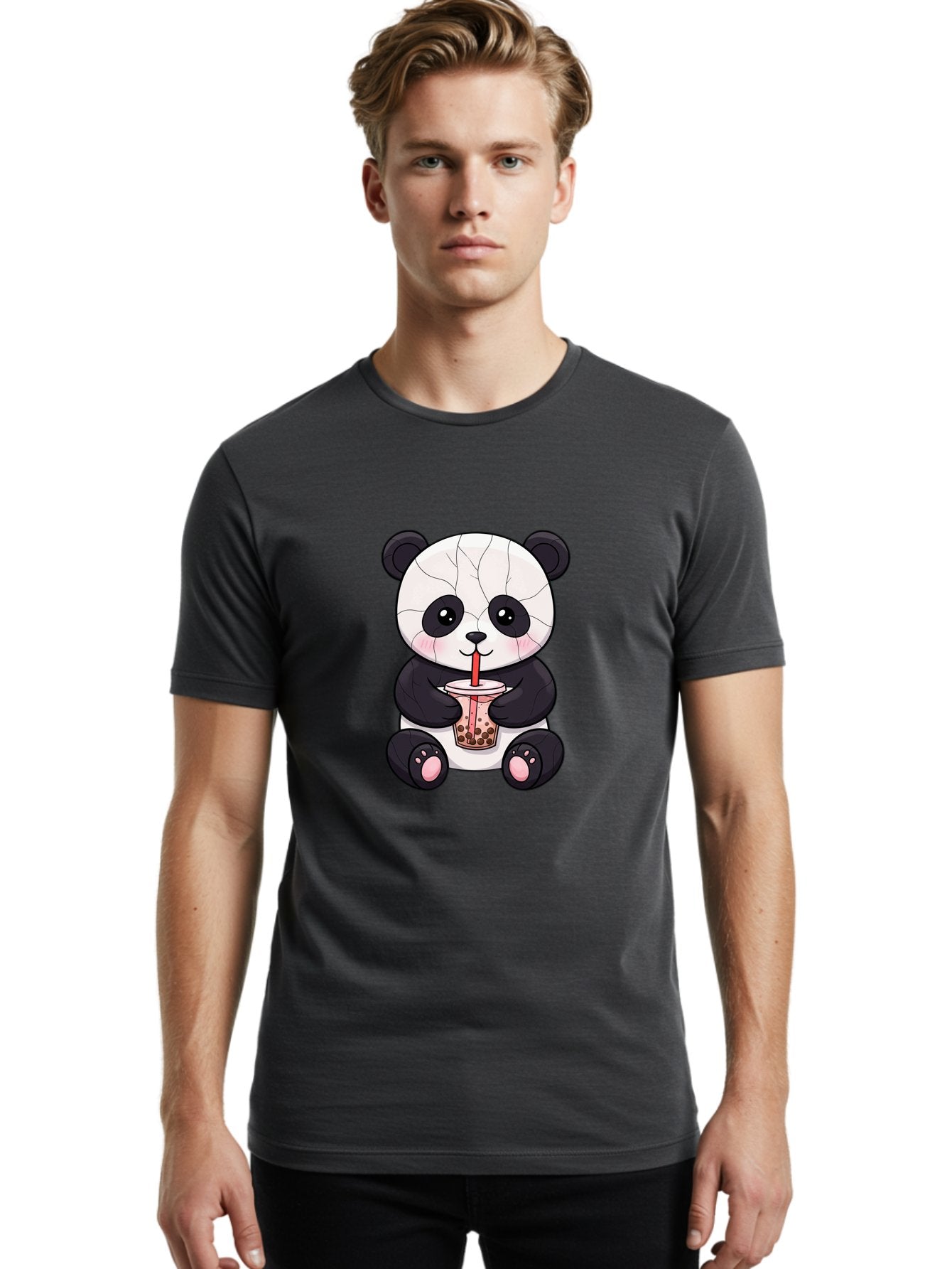 Cracked-Panda-Drinking-Bubble-Tea Men'S Graphic Tee, 100% Cotton, Comfortable Casual Summer Wear, Machine Washable, Kawaii Panda, Bubble Tea, Cracked Face, Cute Cartoon, Adorable Bear, Boba Tea, Tea Cup, Cute Drink, Smiling Panda, Kawaii Art, Bae416 16