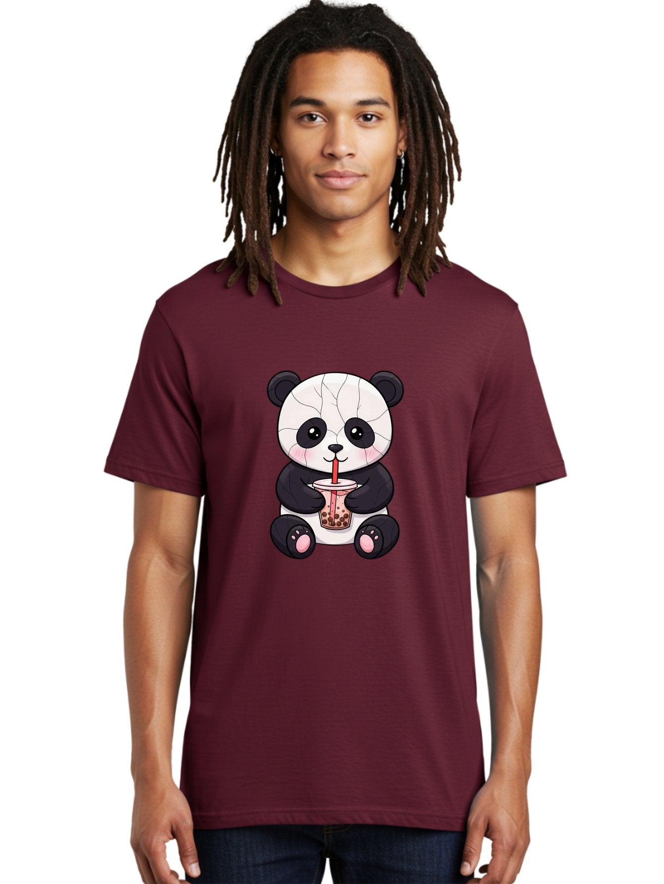 Cracked-Panda-Drinking-Bubble-Tea Men'S Graphic Tee, 100% Cotton, Comfortable Casual Summer Wear, Machine Washable, Kawaii Panda, Bubble Tea, Cracked Face, Cute Cartoon, Adorable Bear, Boba Tea, Tea Cup, Cute Drink, Smiling Panda, Kawaii Art, Bae416 26