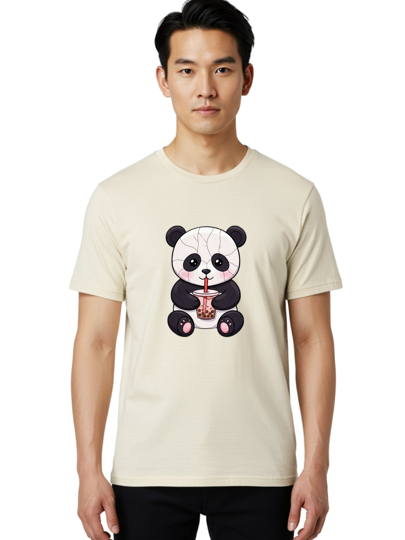 Cracked-Panda-Drinking-Bubble-Tea Men'S Graphic Tee, 100% Cotton, Comfortable Casual Summer Wear, Machine Washable, Kawaii Panda, Bubble Tea, Cracked Face, Cute Cartoon, Adorable Bear, Boba Tea, Tea Cup, Cute Drink, Smiling Panda, Kawaii Art, Bae416 22