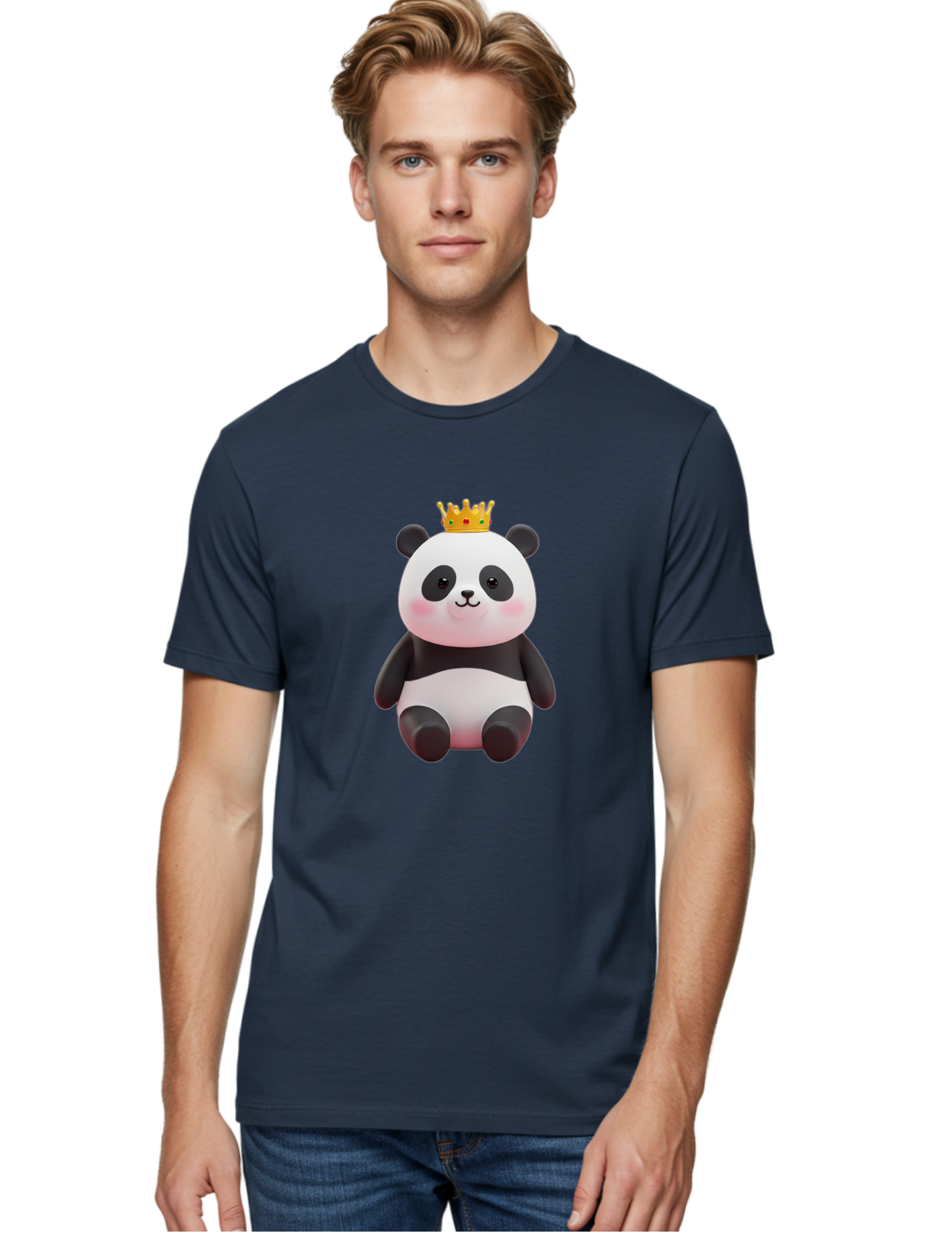 Crowned-Panda-1 Men'S Graphic Tee, 100% Cotton, Comfortable Casual Summer Wear, Machine Washable, Cartoon Panda, 3D Illustration, Panda Bear, Crown On Head, Regal Animal, Cute Expression, Rosy Cheeks, Kawaii Character, Adorable Design, Bae419 19