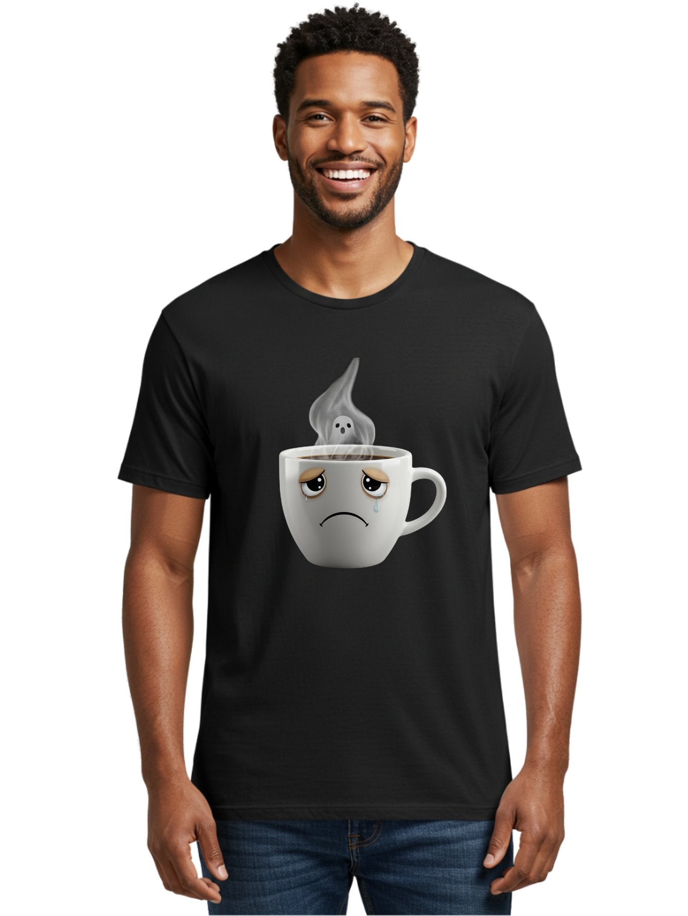 Crying-Coffee-Cup Men'S Graphic Tee, 100% Cotton, Comfortable Casual Summer Wear, Machine Washable, Sad Face Coffee Cup, Steaming Hot Coffee, Ghostly Steam, Coffee Lover, Coffee Culture, Coffee Time, Morning Coffee, Daily Grind Bae422 19