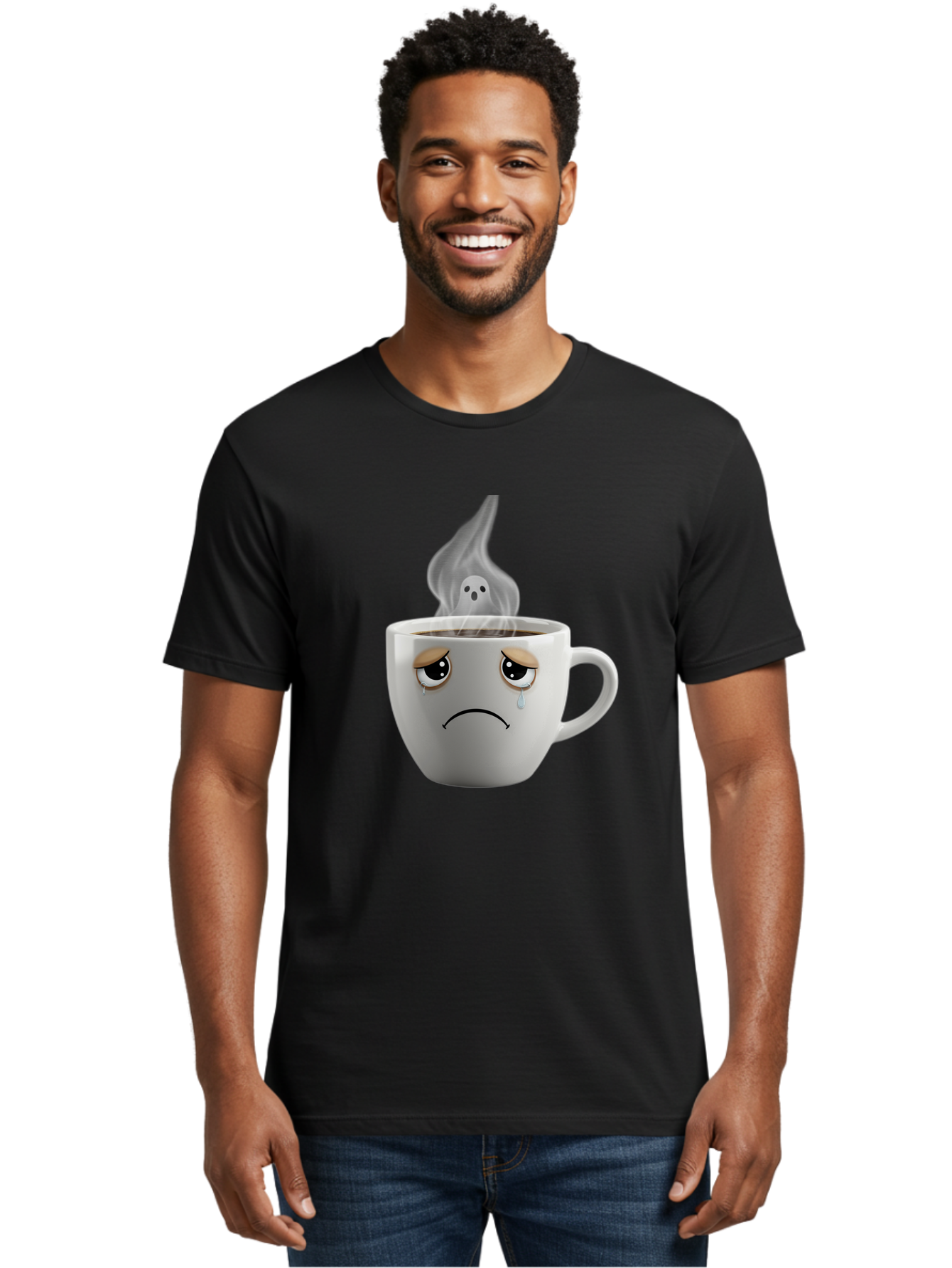 Crying-Coffee-Cup Men'S Graphic Tee, 100% Cotton, Comfortable Casual Summer Wear, Machine Washable, Sad Face Coffee Cup, Steaming Hot Coffee, Ghostly Steam, Coffee Lover, Coffee Culture, Coffee Time, Morning Coffee, Daily Grind Bae422 26